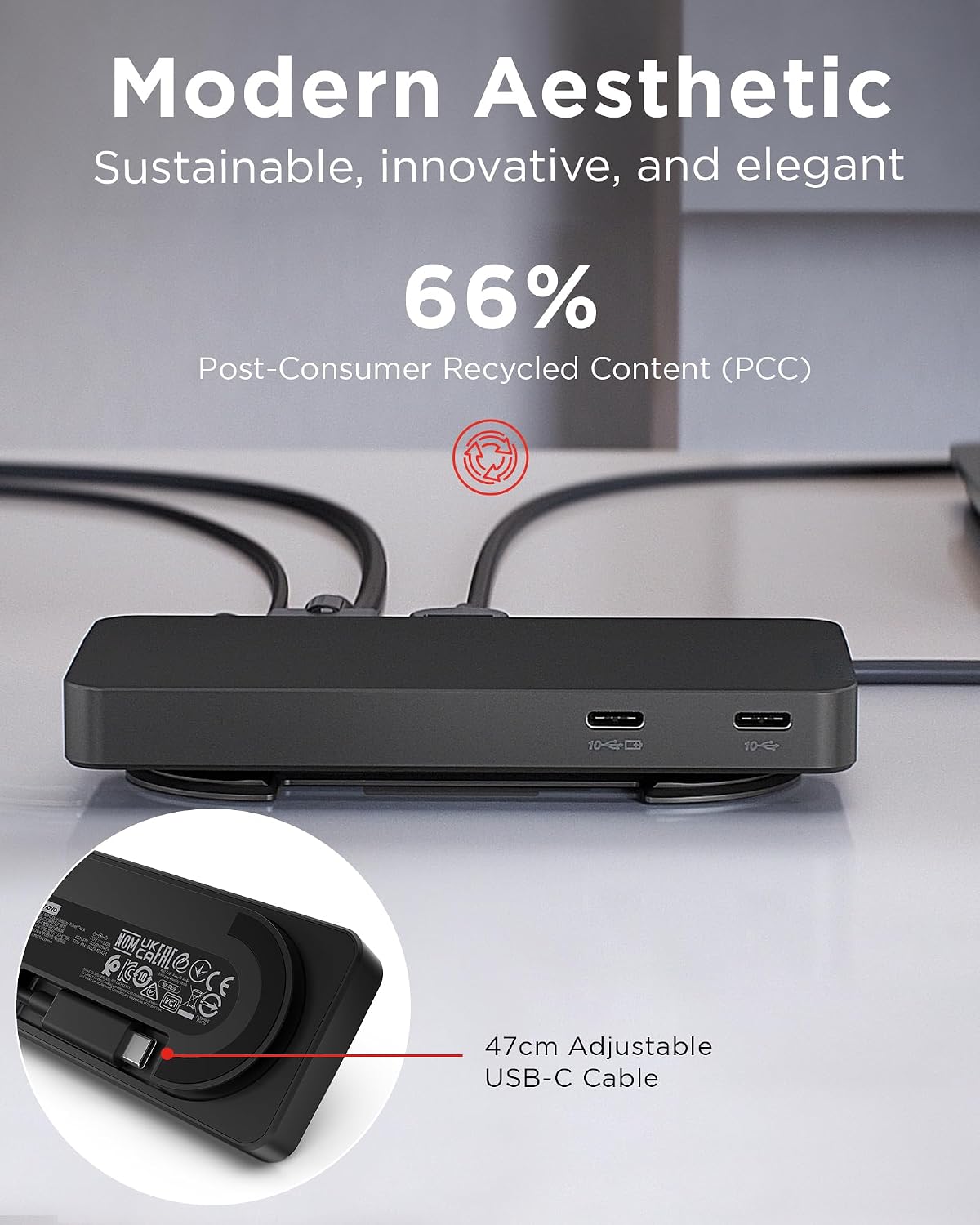 Thumbnail 2 de Lenovo USB-C Dual Display Travel Dock - 7 Ports, Integrated Cable, 4K Dual Display Capable