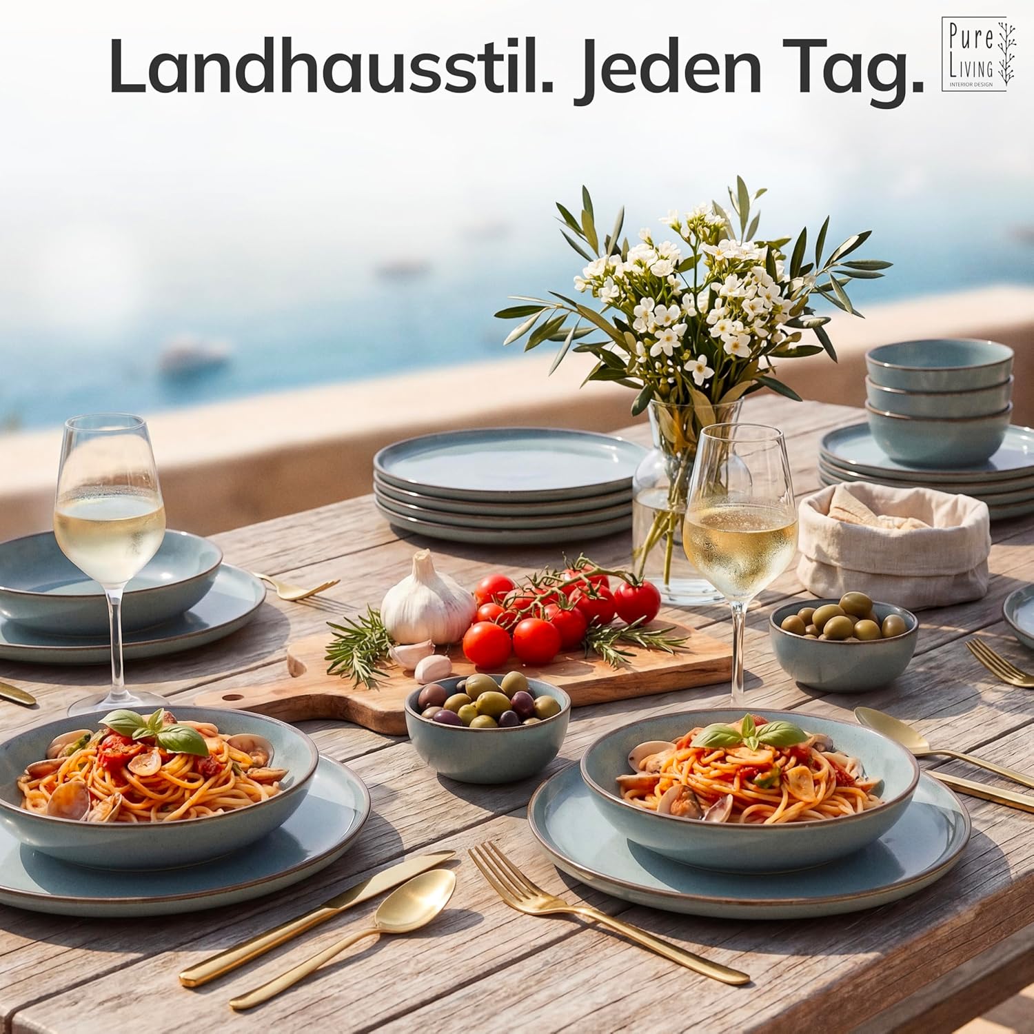 Detalle 2 de Steingut Geschirrset 24-tlg. Rustic für 6 Personen in Rauchblau – TESTSIEGER, Spülmaschinengeeignet