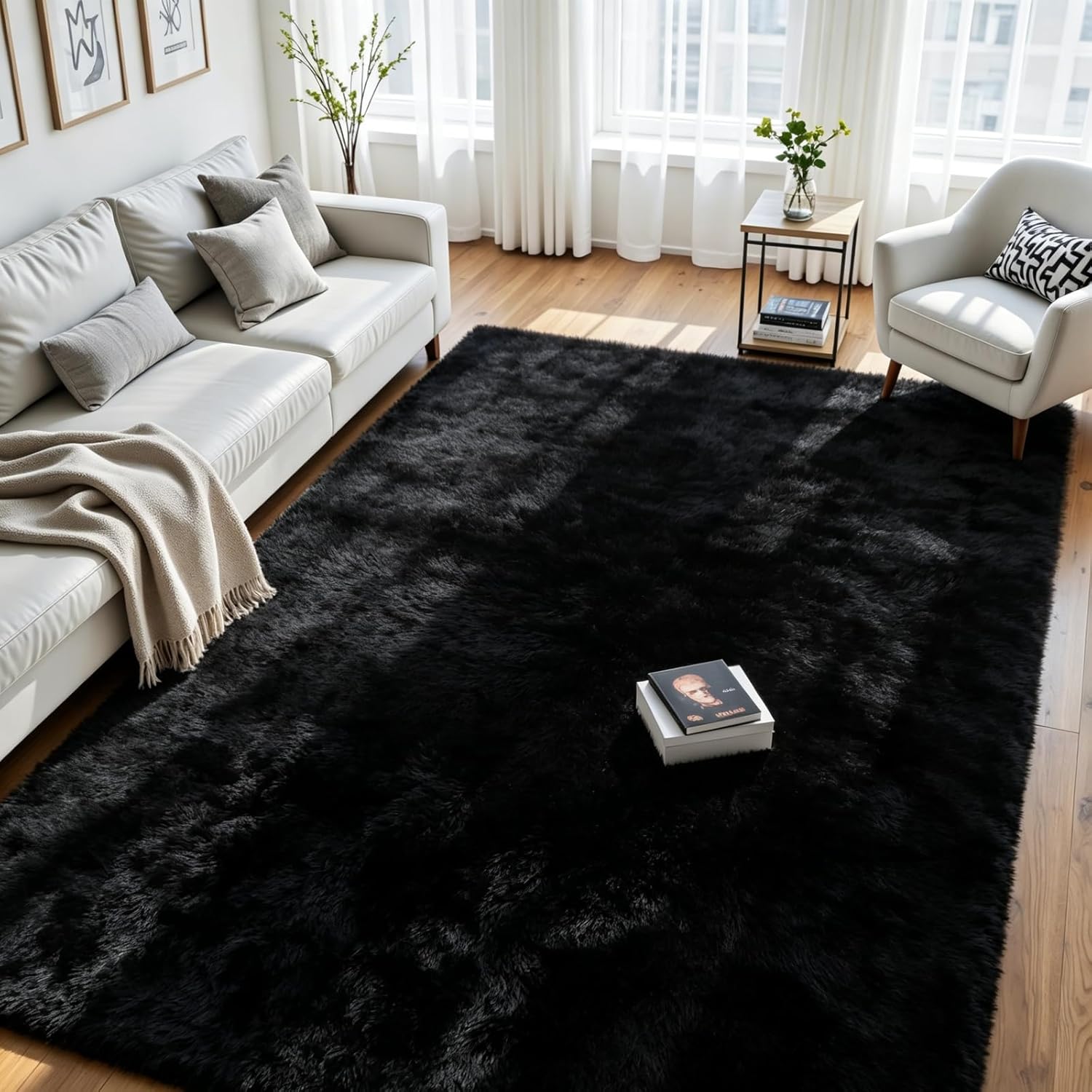Detalle de 8x10 Ultra-Soft Black Fluffy Area Rug for Living Room