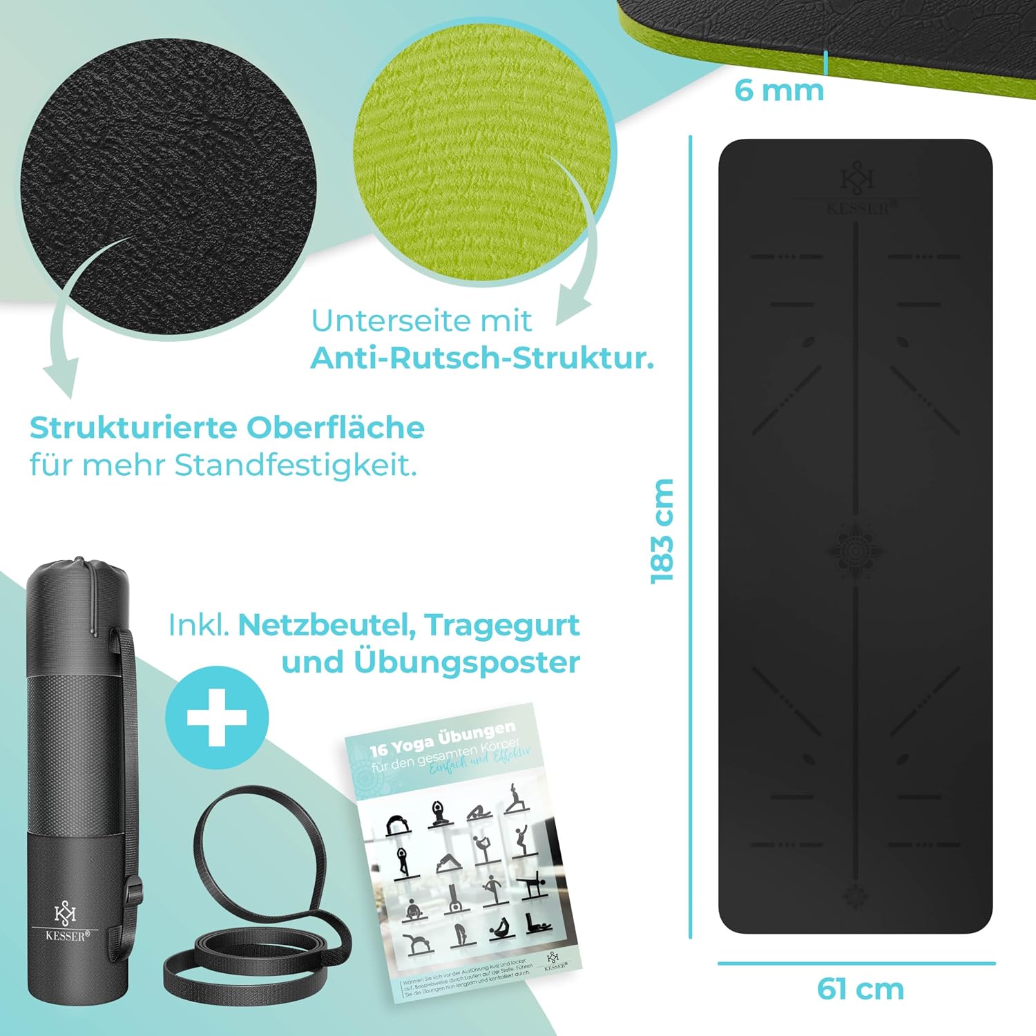Thumbnail 6 de KESSER® Gymnastikmatte mit Tragegurt – rutschfeste TPE Fitness-/Yogamatte, 183 x 61 cm