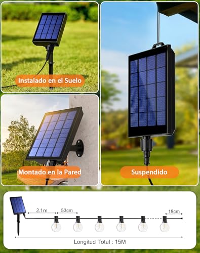 Thumbnail 6 de ROVLAK Guirnaldas Luces Exterior Solar 10M con 15+1 LED G40 y Control Remoto