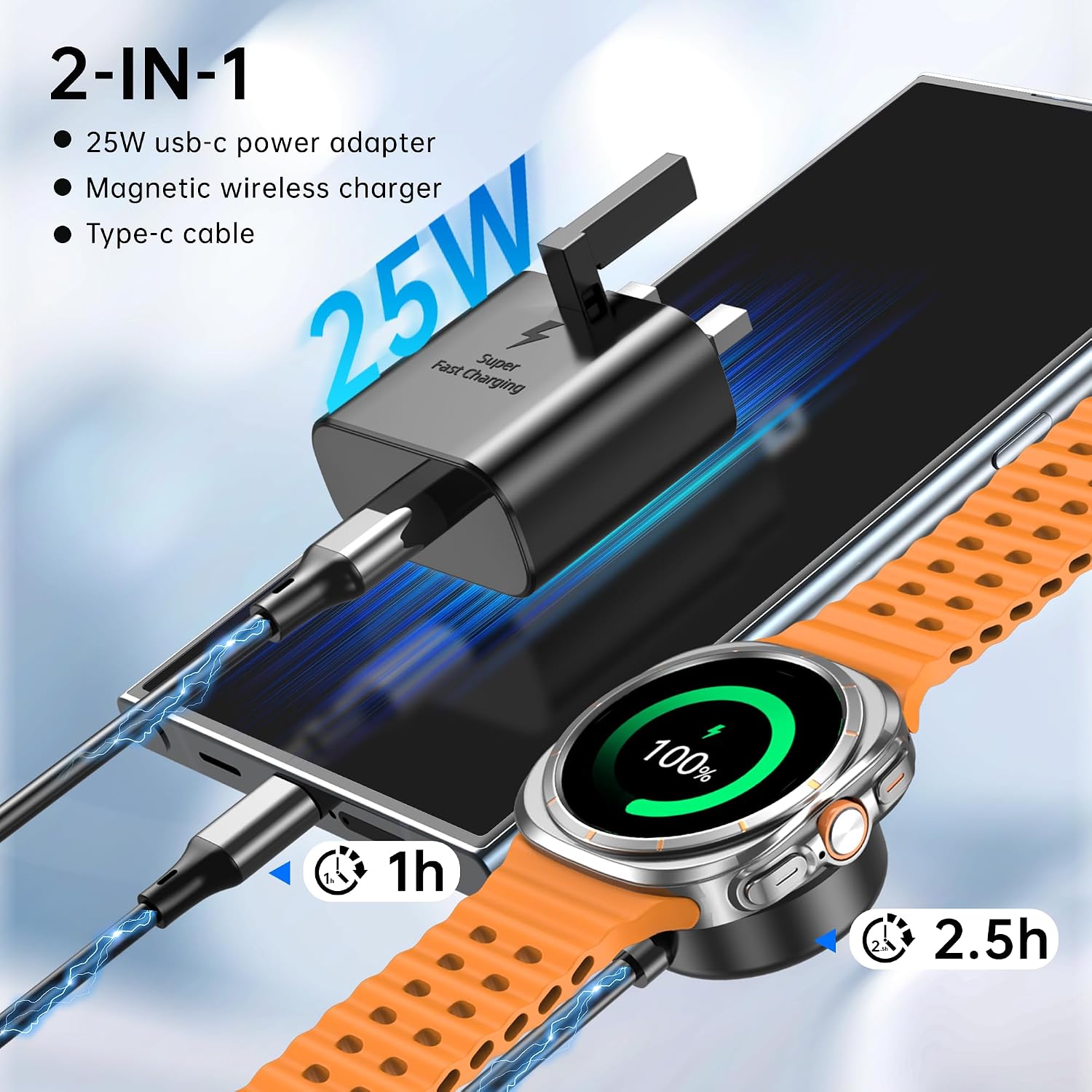 Detalle de ACEQINGSE 2 in 1 USB-C Charger for Samsung Watch & Phones (25W) – Compact, Magnetic & Safe