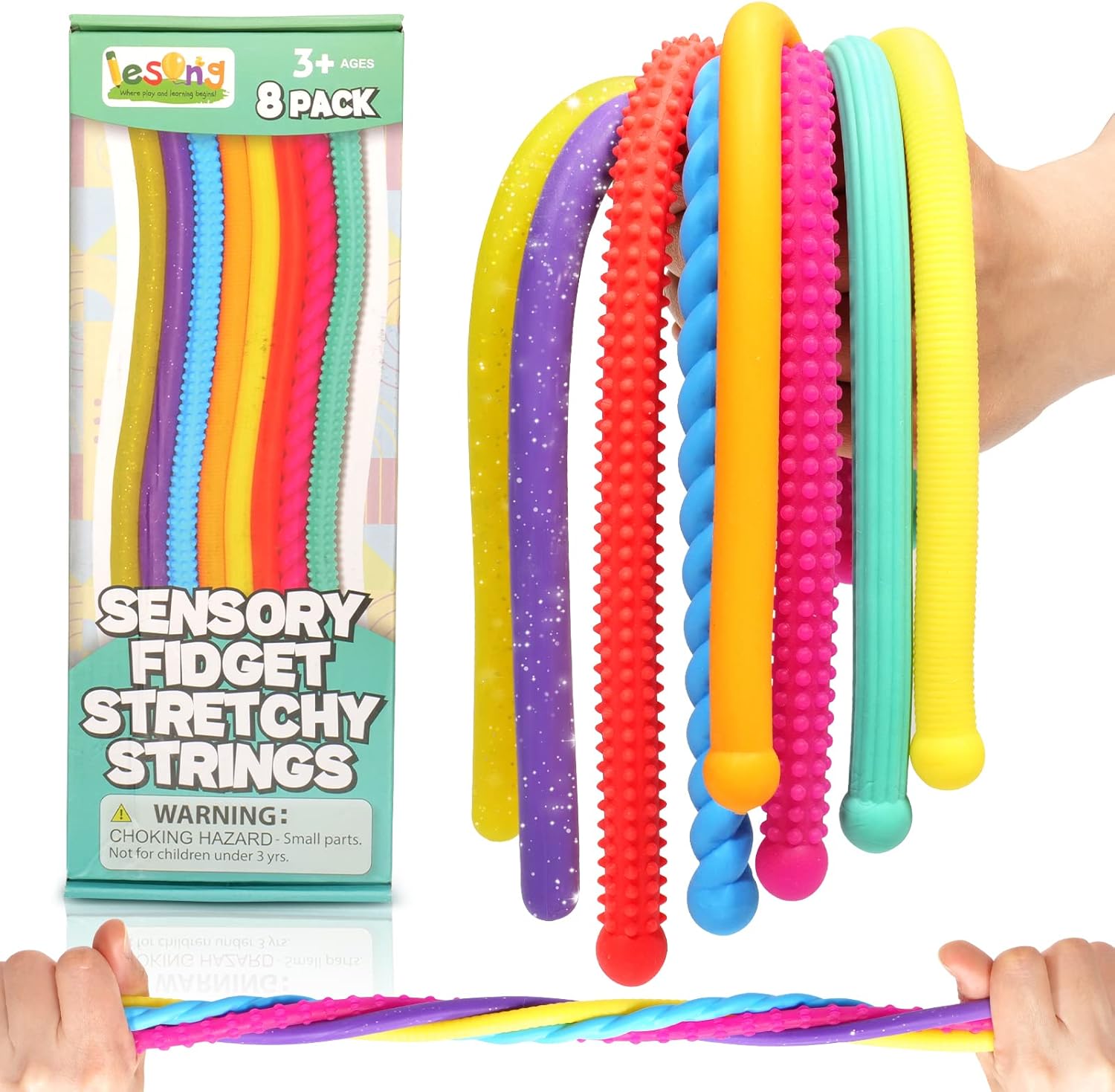 Sensory Autism Toys for Kids Stretchy Textured Glow-in-the-Dark Fidget Noodles (8-Pack)