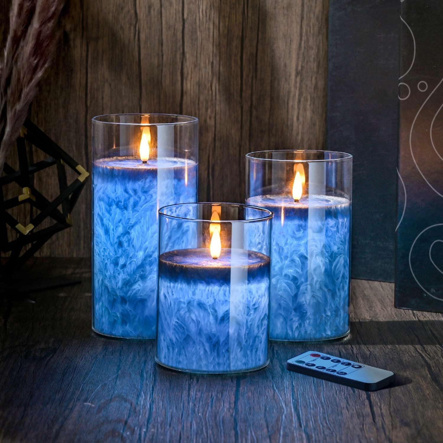 Detalle de SLVCREK LZD003 ledkaarsen van echte was, set van 3 met blauwe glazen houder