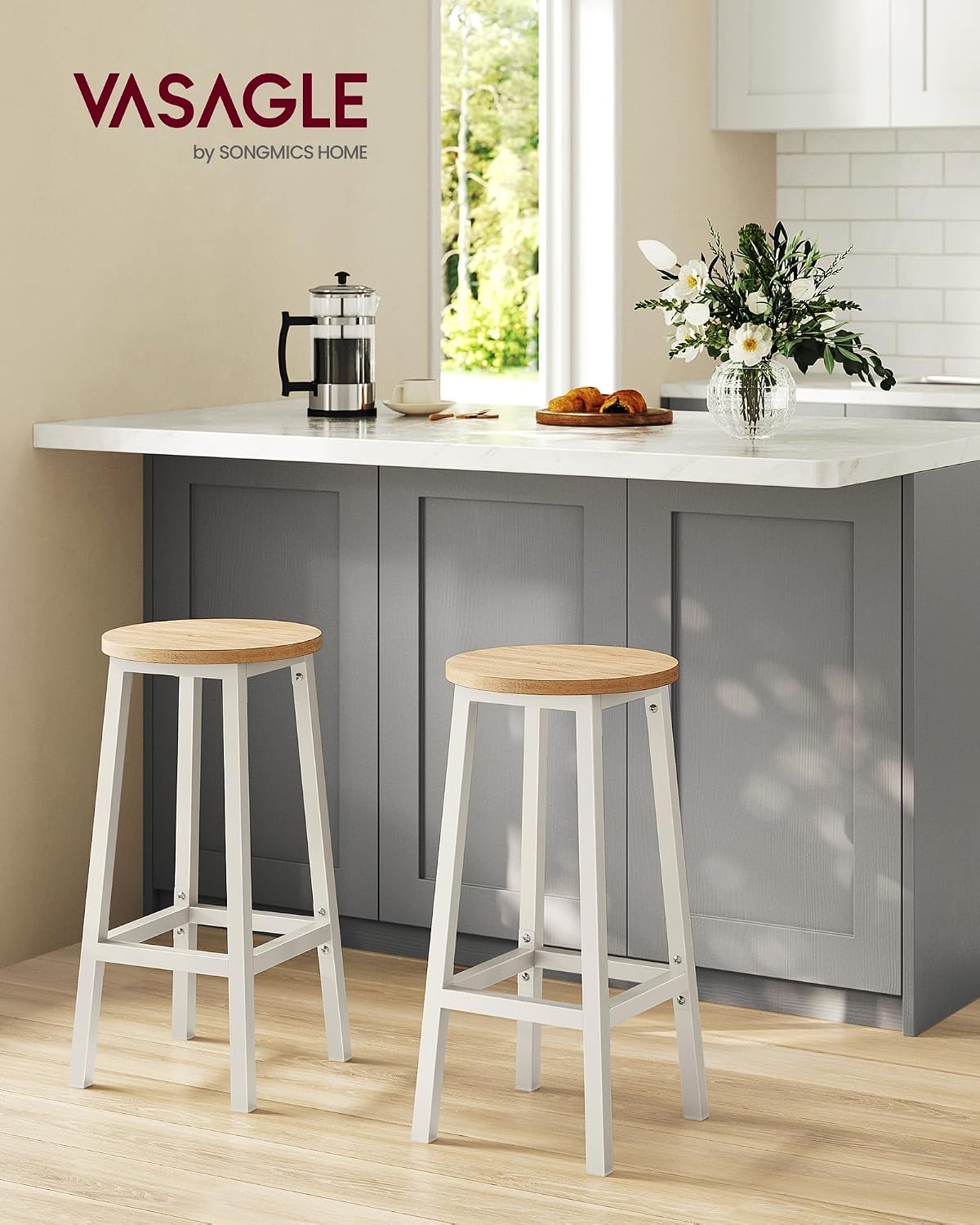 Detalle de VASAGLE Set di 2 Sgabelli da Bar 65 cm in Metallo con Poggiapiedi – Beige Rovere e Bianco, LBC032W09