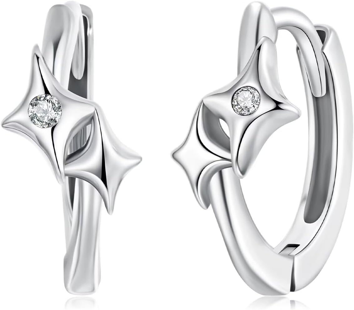 Detalle de Kerraom Silber Creolen Stern – hypoallergen, 925er Silber, leichter Huggie mit Zirkonen