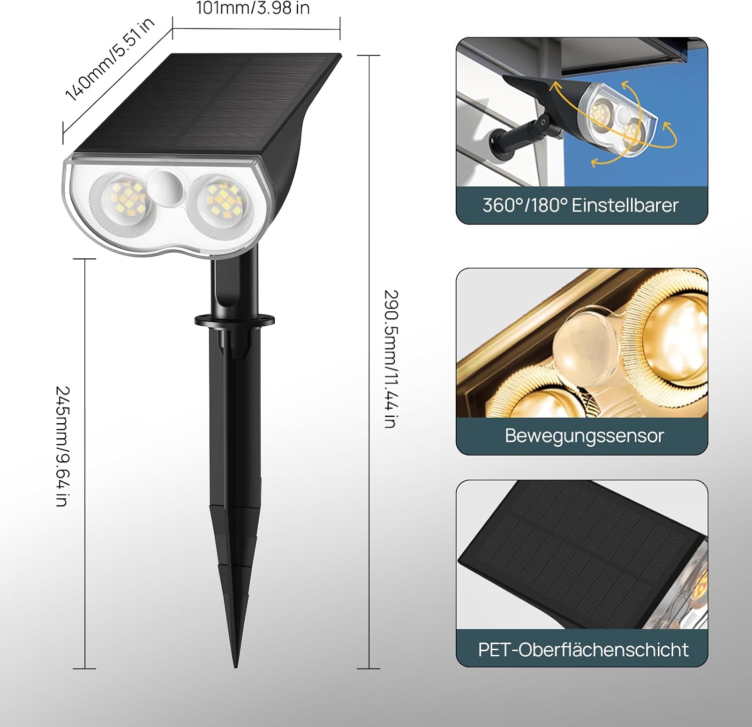 Detalle 2 de Linkind StarRay Solar-Gartenleuchte mit Bewegungsmelder (6500K, IP67, 2er-Set) – 1.000 lm Solarlampe für außen