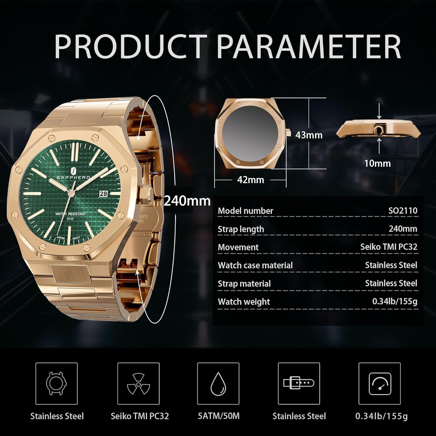 Thumbnail 3 de SAPPHERO Orologio Uomo Impermeabile 50M in Acciaio Inox, Quadrante Ottagonale 42 mm, Data Calendario Nero-Blu
