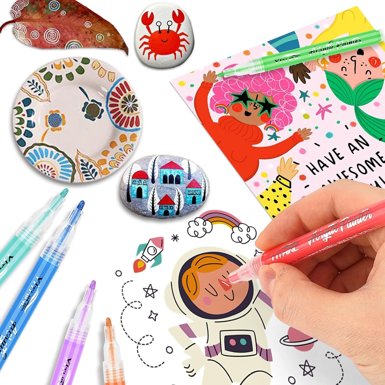 Detalle 2 de YITHINC 60-Colour Acrylic Paint Pens for Rock Painting and Crafts