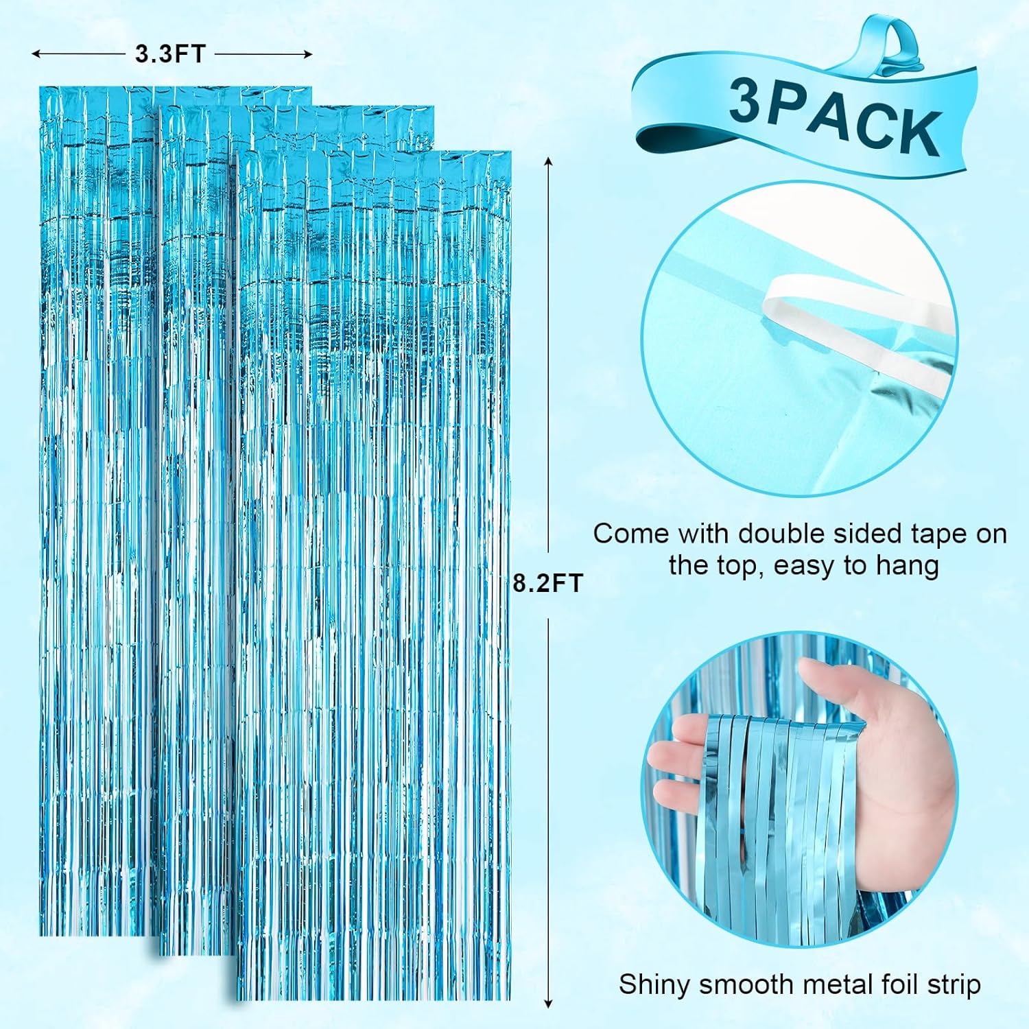 Thumbnail 2 de Voircoloria 3 Pack Light Blue Foil Fringe Backdrop Curtains (3.3x8.2 ft)