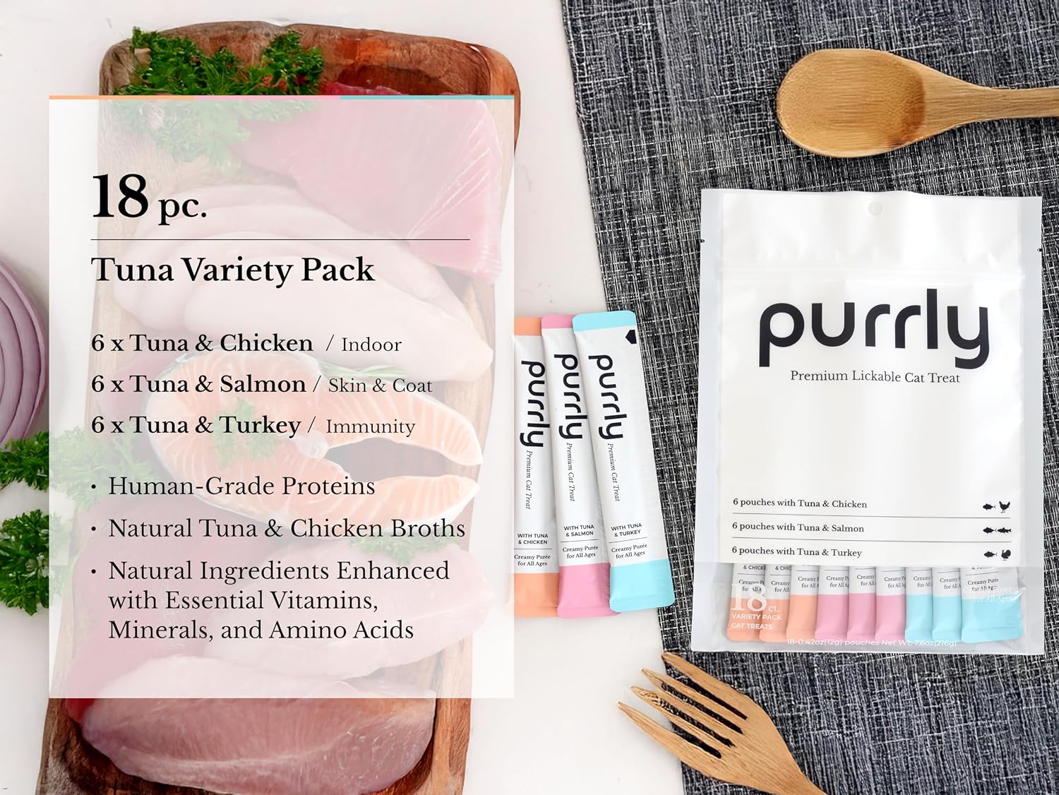 Detalle de Purrly Tuna Variety Lickable Cat Treats, 18-Count Squeezable Pouches