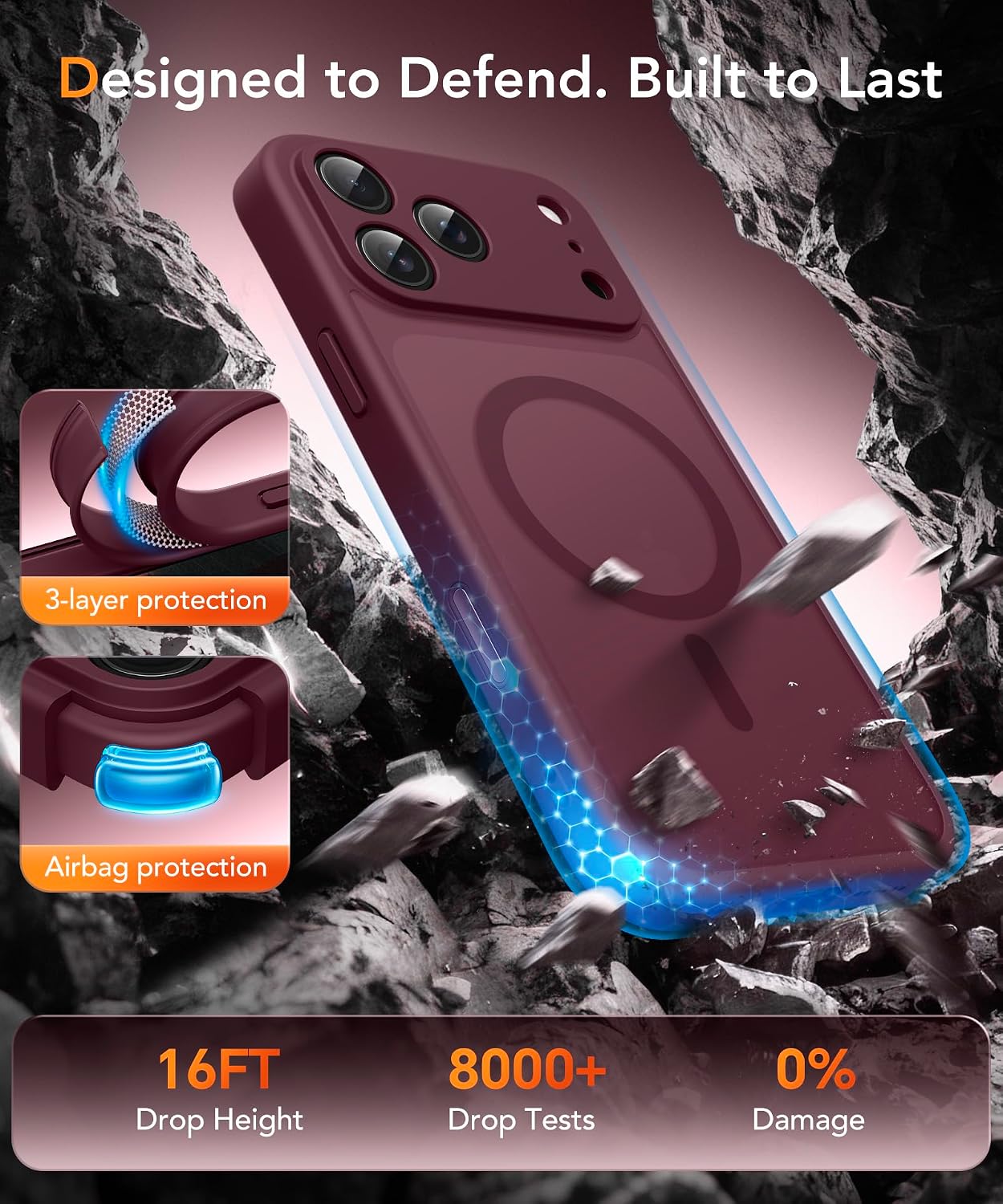 Detalle de Magnetic Case for iPhone 17 Pro Max with Privacy Screen Protector – MagSafe-compatible, Camera Protection, Military-grade 360° – Wine Red