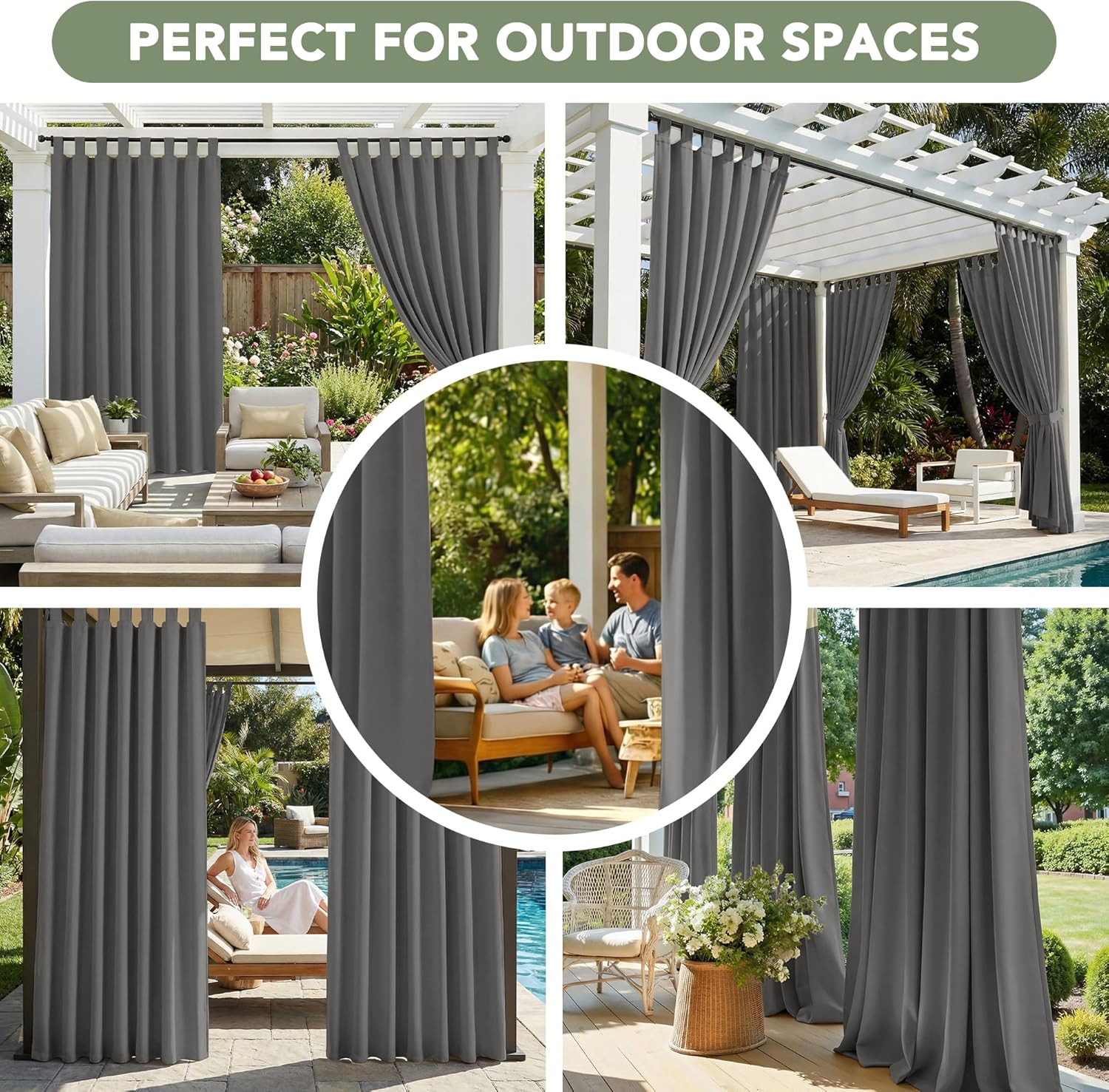 Thumbnail 6 de Deconovo Rideaux Extérieurs Imperméables à Pattes – 2 panneaux, 132 x 214 cm chacun, Gris Clair