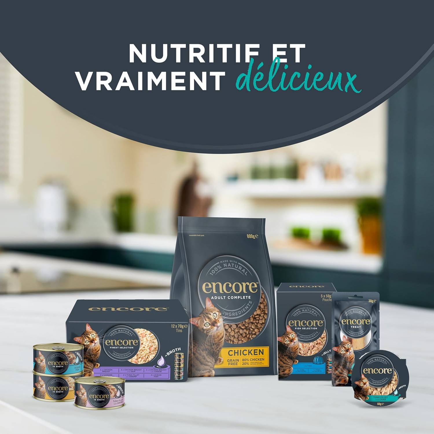 Detalle 2 de Encore Nourriture humide naturelle pour chats — thon et sélection de poissons, sachets de 50 g (20 sachets)