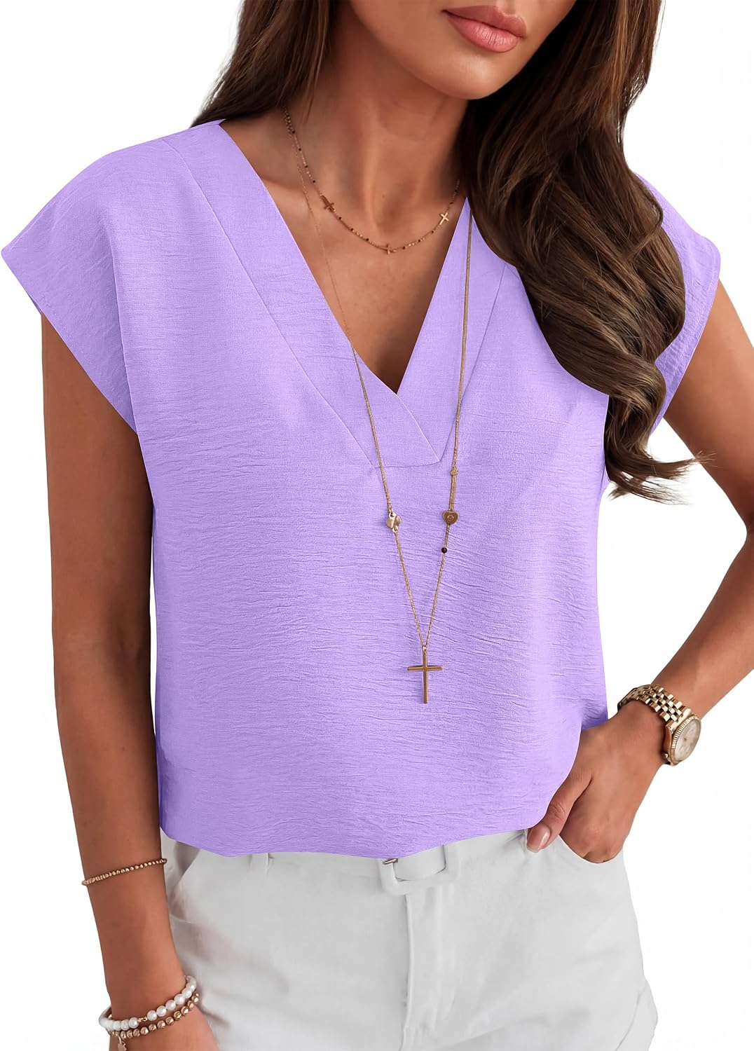 Thumbnail 5 de ANRABESS Women Cap Sleeve V Neck Dressy Casual Blouse – 2026 Summer Workwear