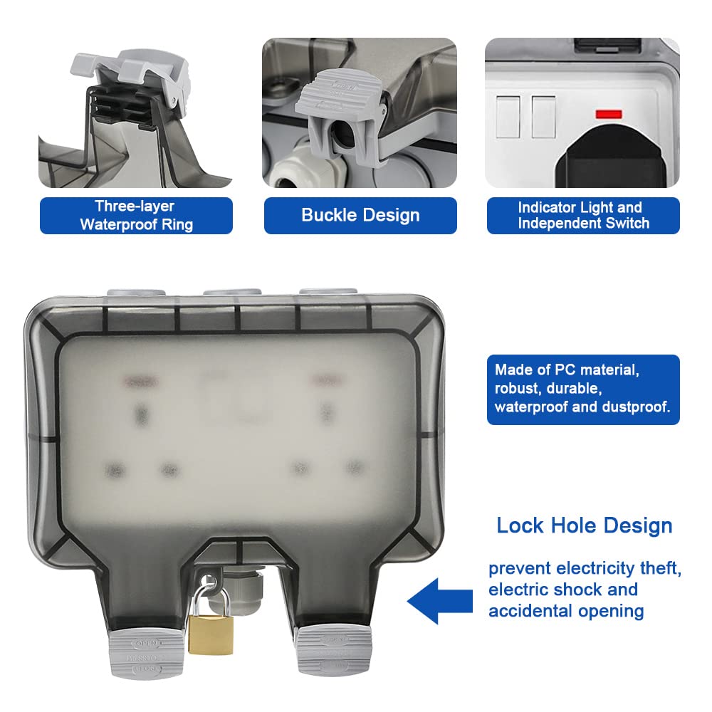 Detalle de Waterproof Outdoor Sockets with 10m Extension Cord – IP66 Weatherproof Double Plug, External Wall 2 Gang Storm Switched Socket