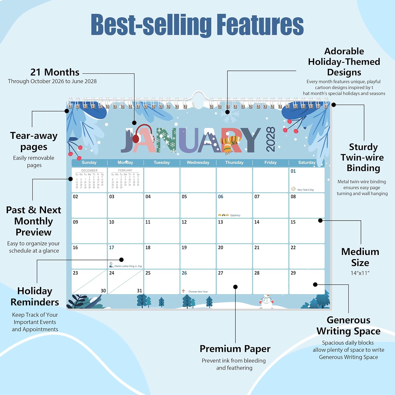 Detalle de GuassLee F Festival cartoon B Wall Calendar, 21-Month October 2026–June 2028, 14" x 11