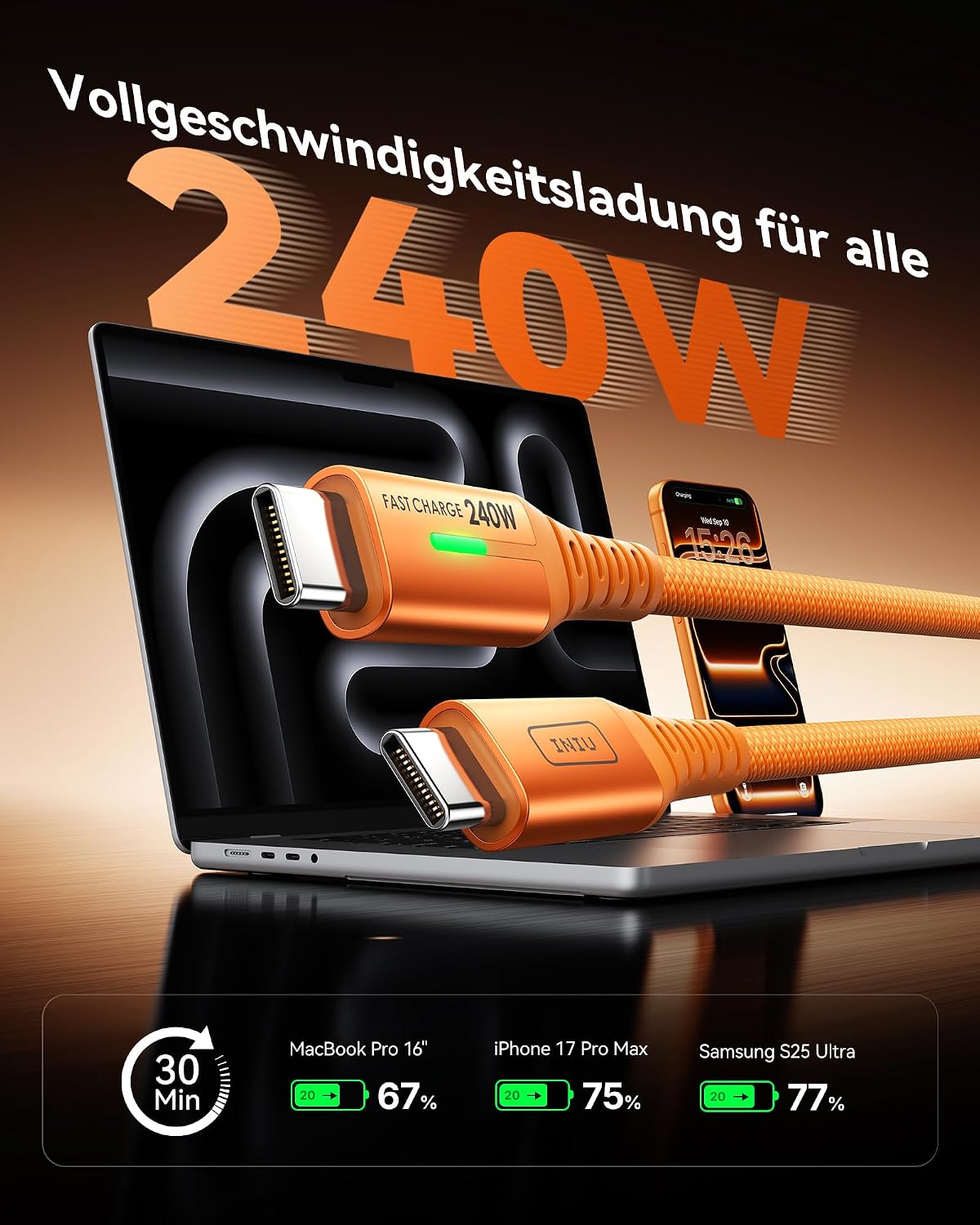 Thumbnail 1 de INIU 240W USB‑C auf USB‑C Kabel (2er-Set, Orange, 2 m) mit PD zum Schnellladen