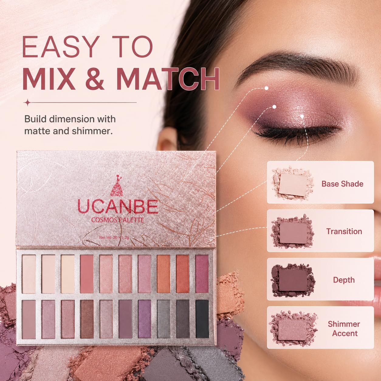 Detalle de UCANBE eyeshadow palette, 20 colors