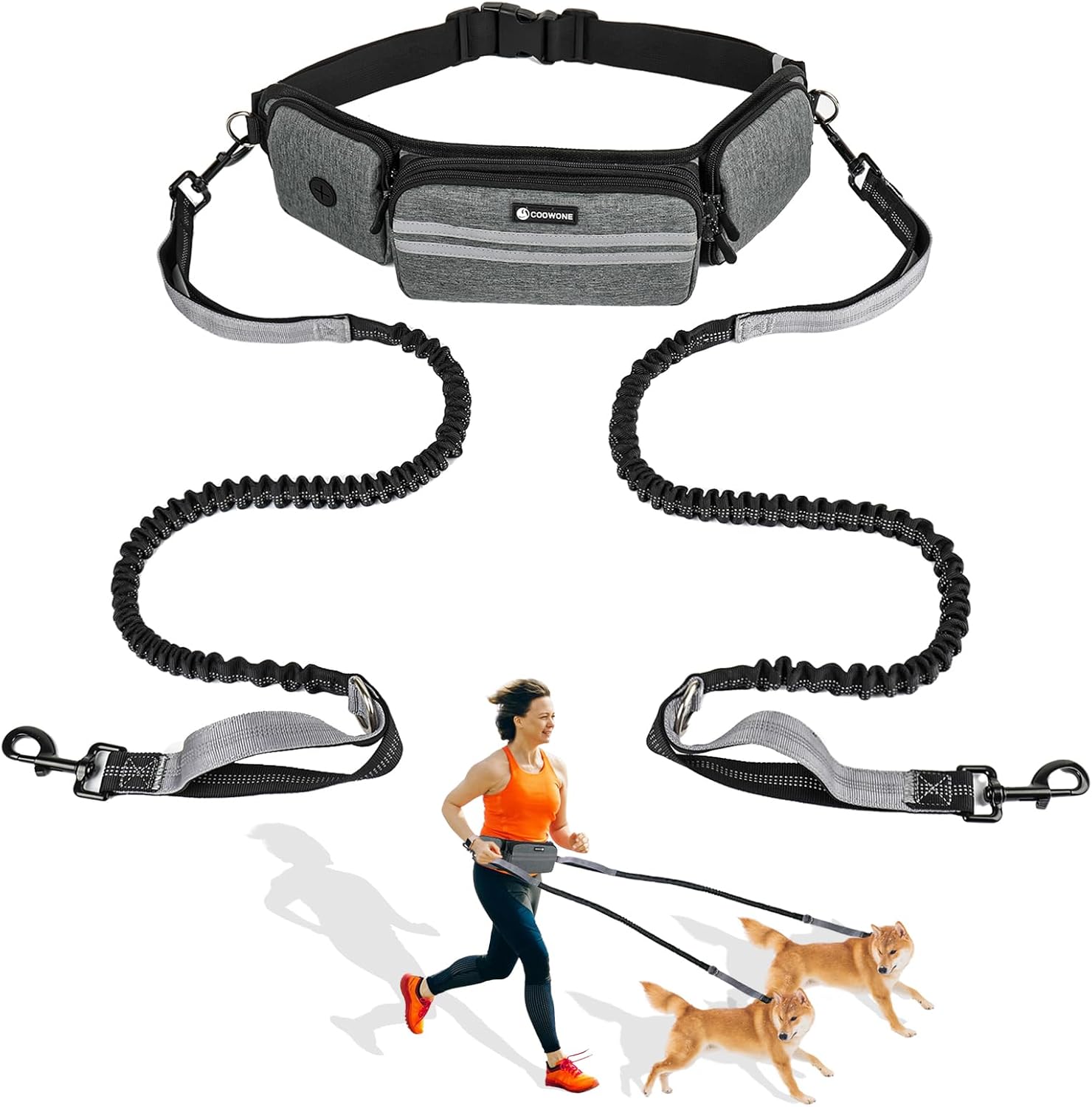 Leckerlitasche für Hunde mit Bauchtasche, reflektierende Bungee-Waist-Leine & Kotbeutelspender (Grau, mit 2 Hundeleinen)