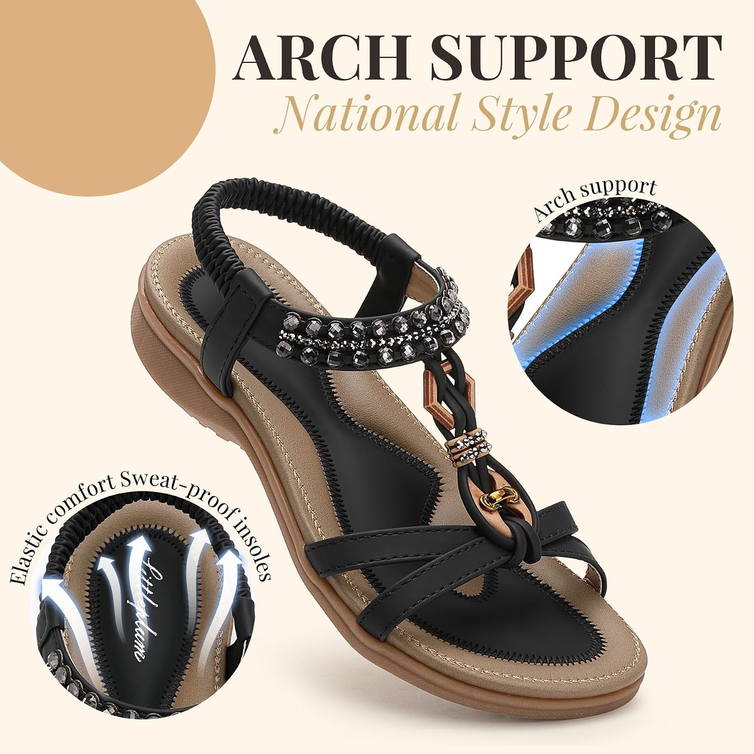 Detalle 2 de Littleplum Sandalen Damen Sommer Flache Sandalette Bohemia mit Strass-Perlen – vielseitige Freizeitsandaletten