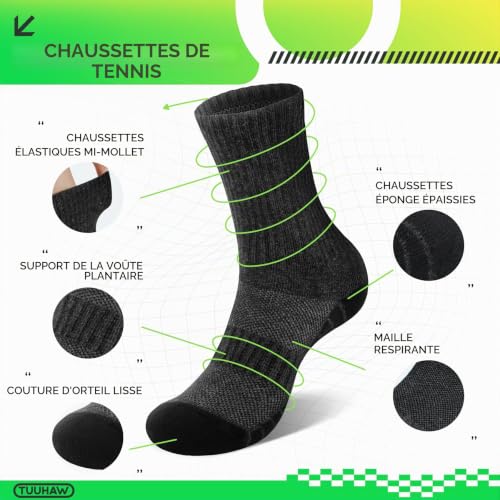 Detalle de TUUHAW Chaussettes Sport Homme 39-42 – Confort et respirabilité pour tennis, course et fitness