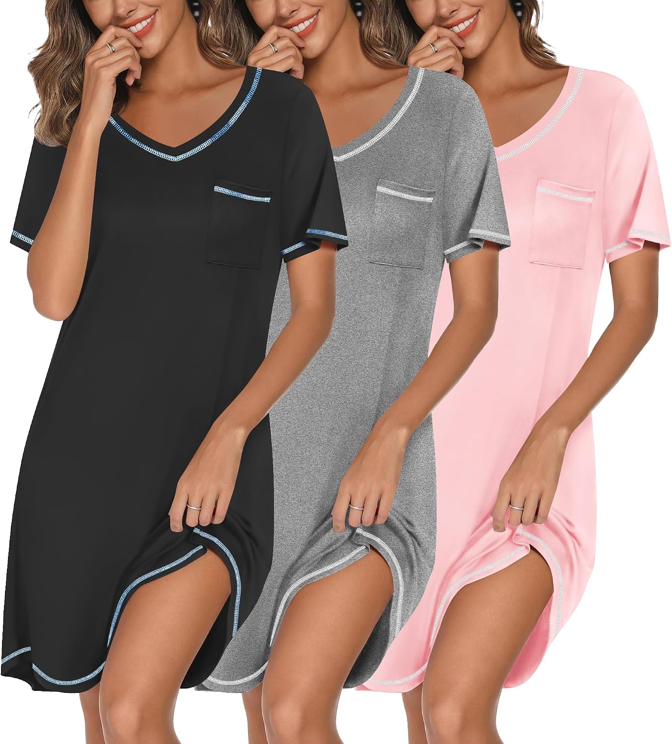 Detalle de Ekouaer 3-Pack Women's Short-Sleeve V-Neck Nightgowns with Chest Pocket