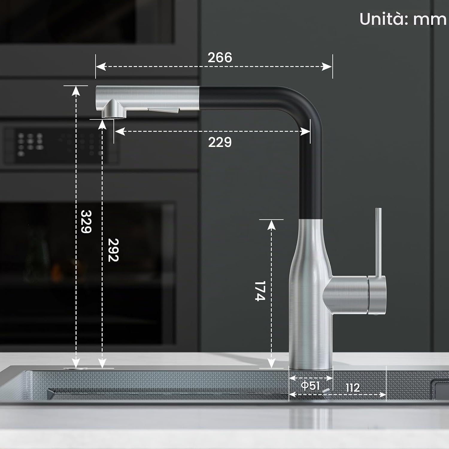 Detalle de CECIPA Rubinetto Cucina Estraibile da 40 cm in acciaio inox nero spazzolato con doccetta 360°