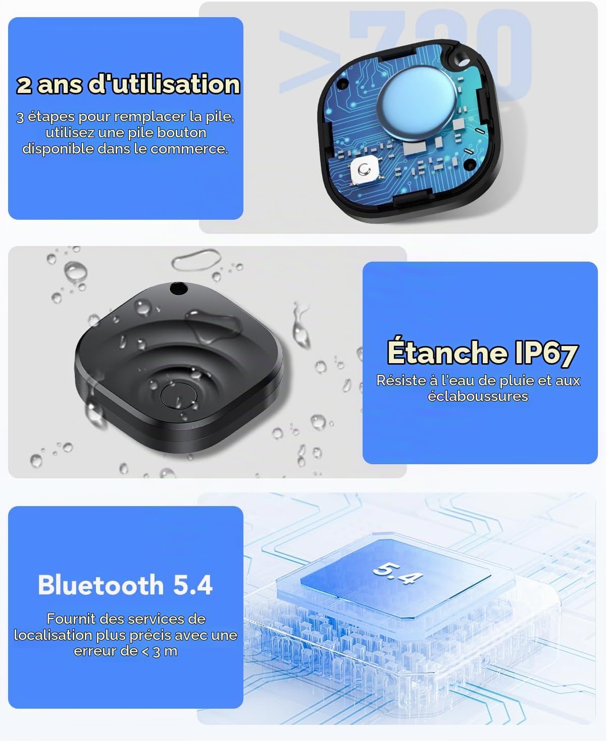 Thumbnail 4 de TIMU Lot de 4 Traceur Tag Android & iOS — Find My & Find Hub, GPS Bluetooth, Batterie remplaçable, IP67