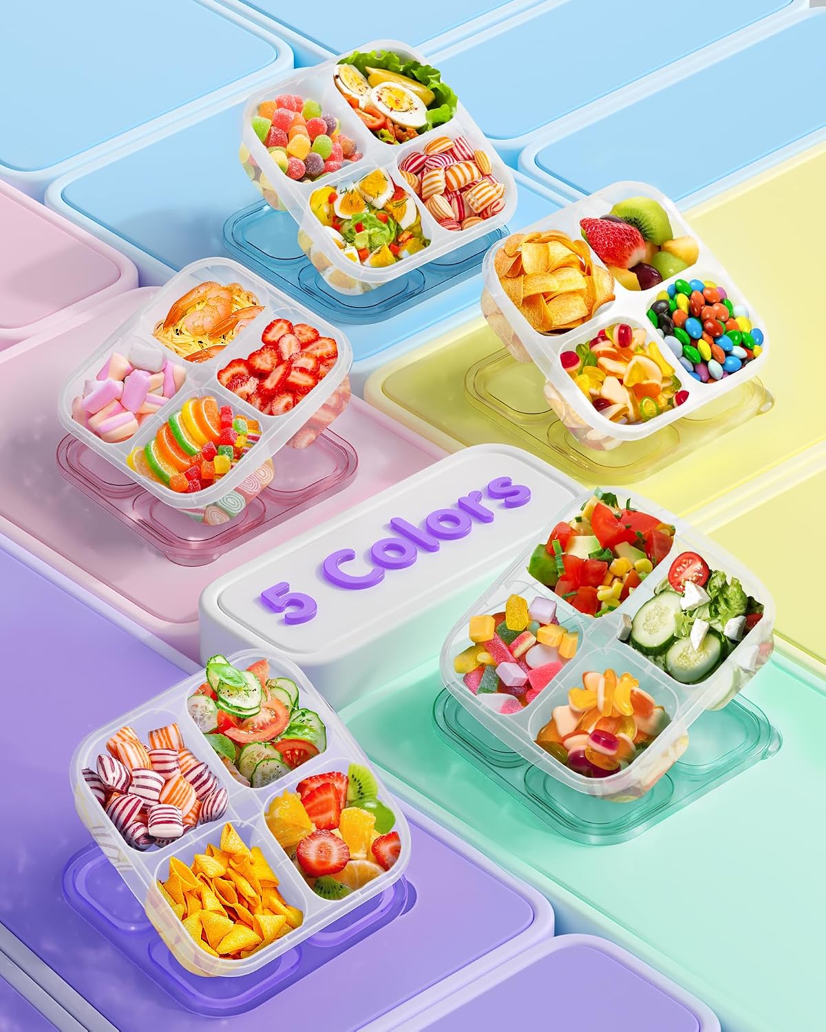 Detalle de Canfanni 5-Piece Bento Snack Containers, Clear 4-Compartment, 2-Cup Capacity