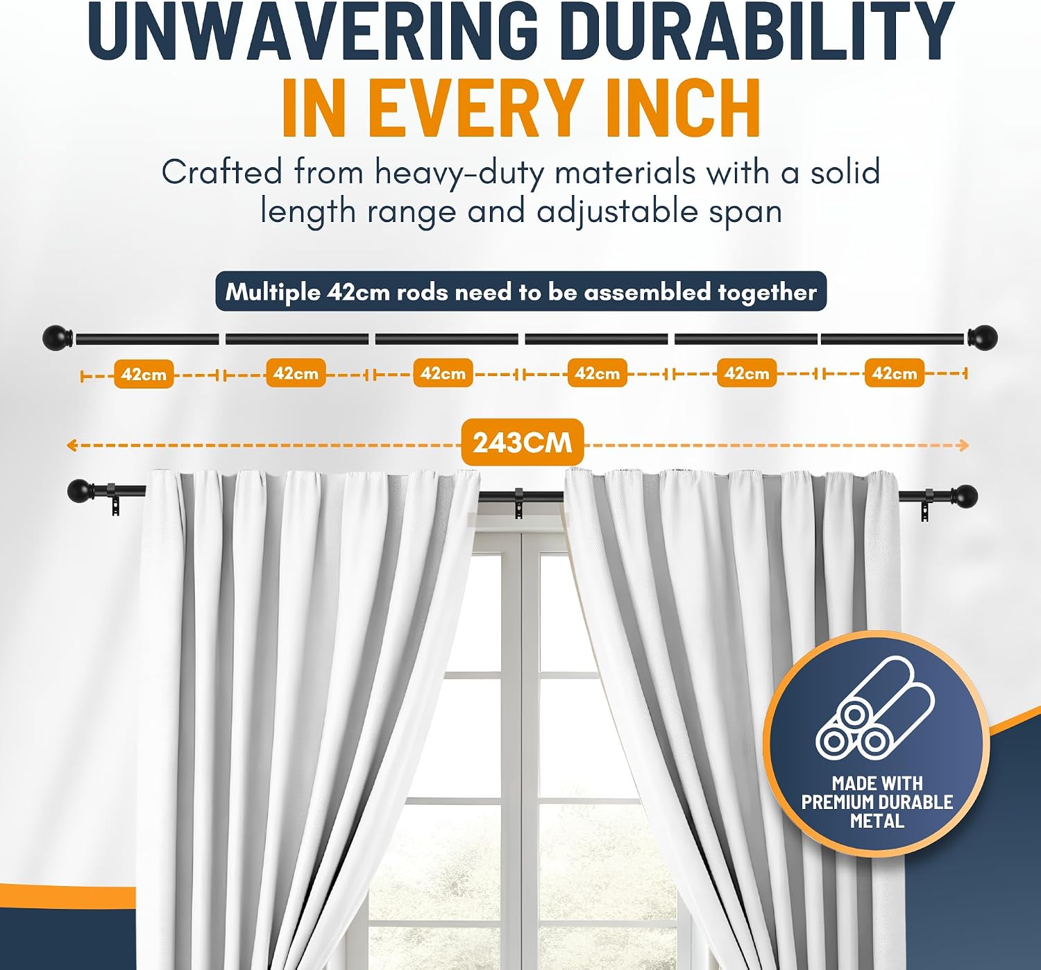 Detalle 2 de Extendable Curtain Poles 87-243cm – Adjustable Black Metal Rod with Ball Finials