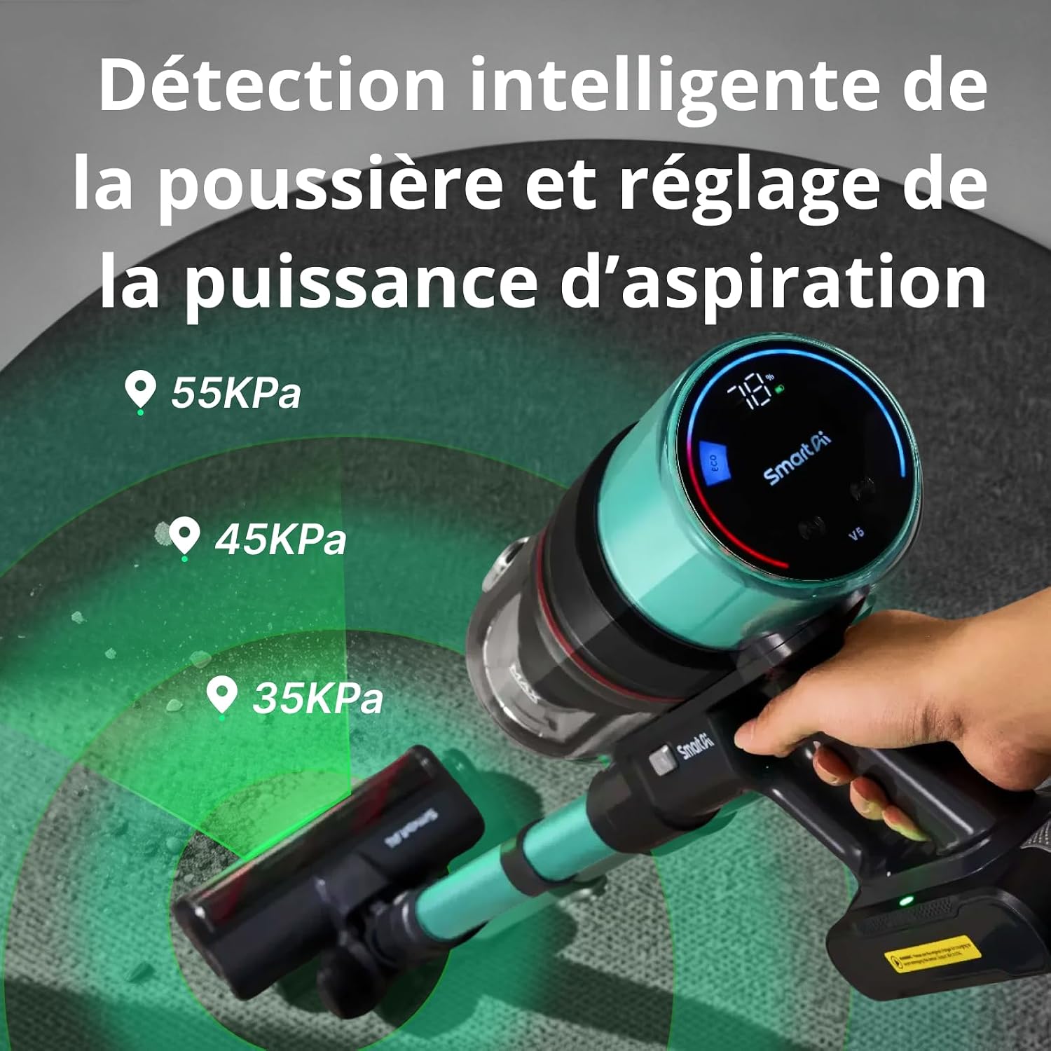Detalle de SmartAI V5 Pro draadloze steelstofzuiger met 55 kPa, 600 W en slang van 1 m