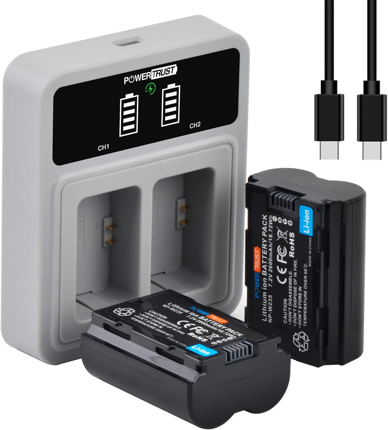 Detalle de PowerTrust NP-W235 Batterie 2er-Set mit PD20W Ladegerät für Fujifilm X-T4/X-T5