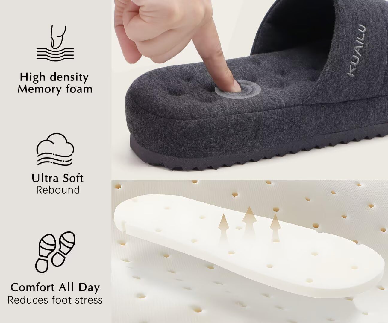 Thumbnail 3 de KuaiLu Men’s Quilted Cotton-Blend Slippers Sandals with Memory Foam Footbed