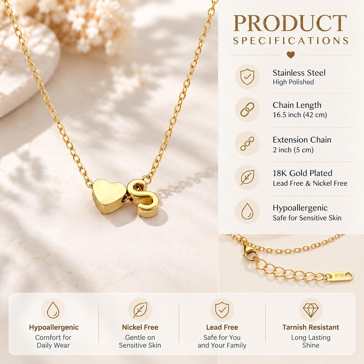 Detalle 2 de Heart Initial Necklace, 18K Gold Plated