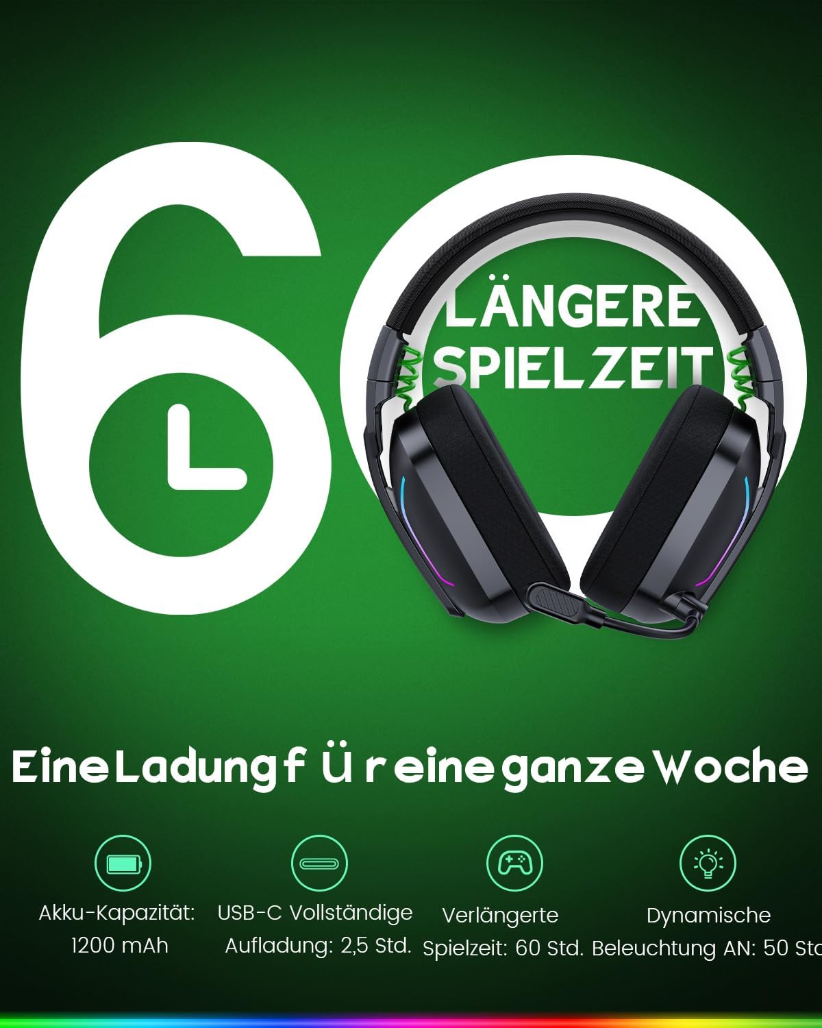 Detalle 2 de WESEARY Wireless Gaming Headset mit Mikrofon – 2,4 GHz & Bluetooth, 60 h Akku, Surround Sound, USB-Dongle für PS5/PS4/PC/Switch