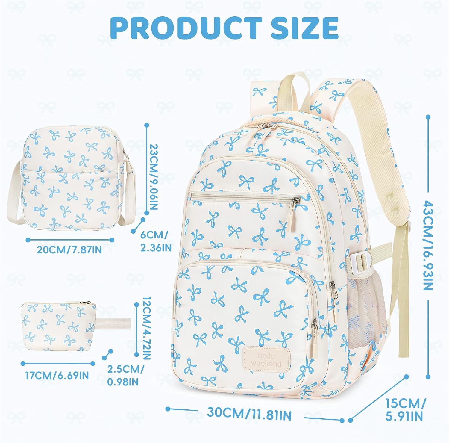 Detalle 2 de Aucuu Aesthetic School Bag Set for Girls (3 pcs) – Bow Backpack with Crossbody Bag & Pencil Case