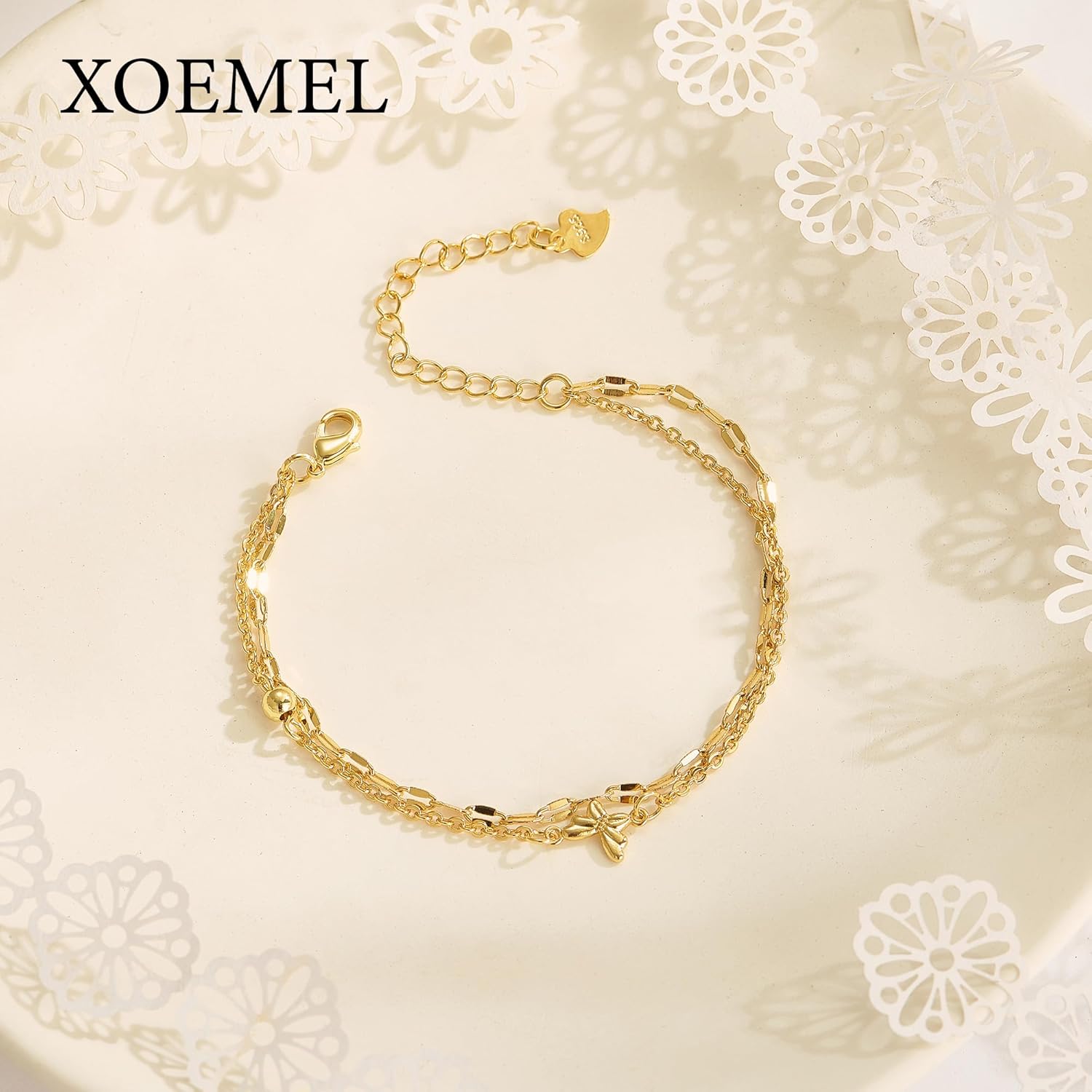 Detalle de XOEMEL Armband Silber 925 für Damen mit Schmetterlings-Design, Rosegold & Perlen, verstellbares Layered Armband