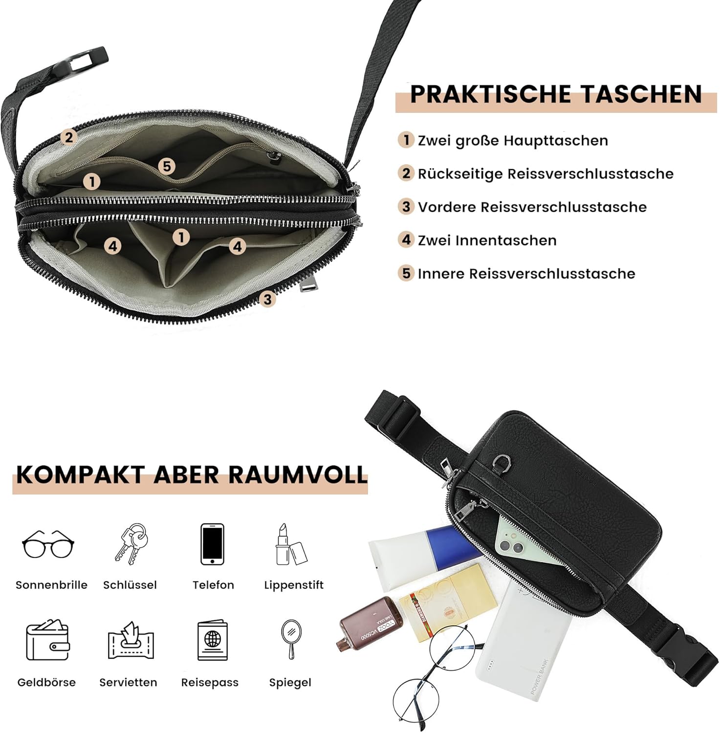 Thumbnail 4 de TANTOMI Umhängetasche Damen & Bauchtasche Damen – kompakte Crossbody- und Gürteltasche mit Zwei-Wege-Reißverschluss