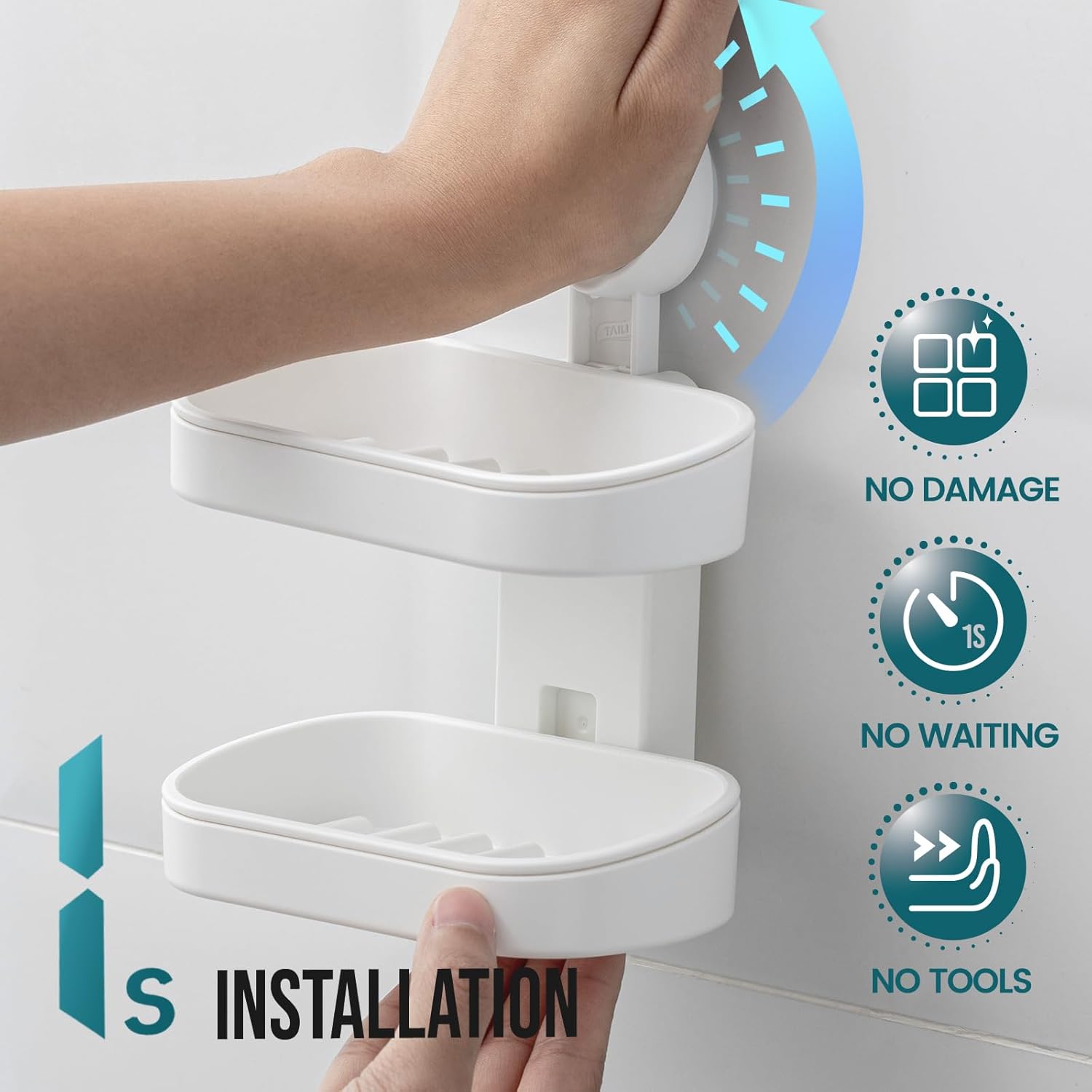 Thumbnail 2 de TAILI Porte-savon double couche sans perçage (ventouse) avec drainage, blanc