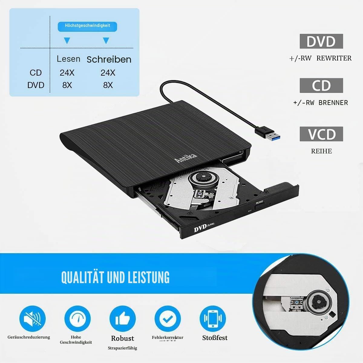Detalle de Antika externes DVD-Laufwerk / CD-DVD-Brenner mit USB 3.0 für Laptop & Desktop (CD/DVD-RW, Plug & Play)