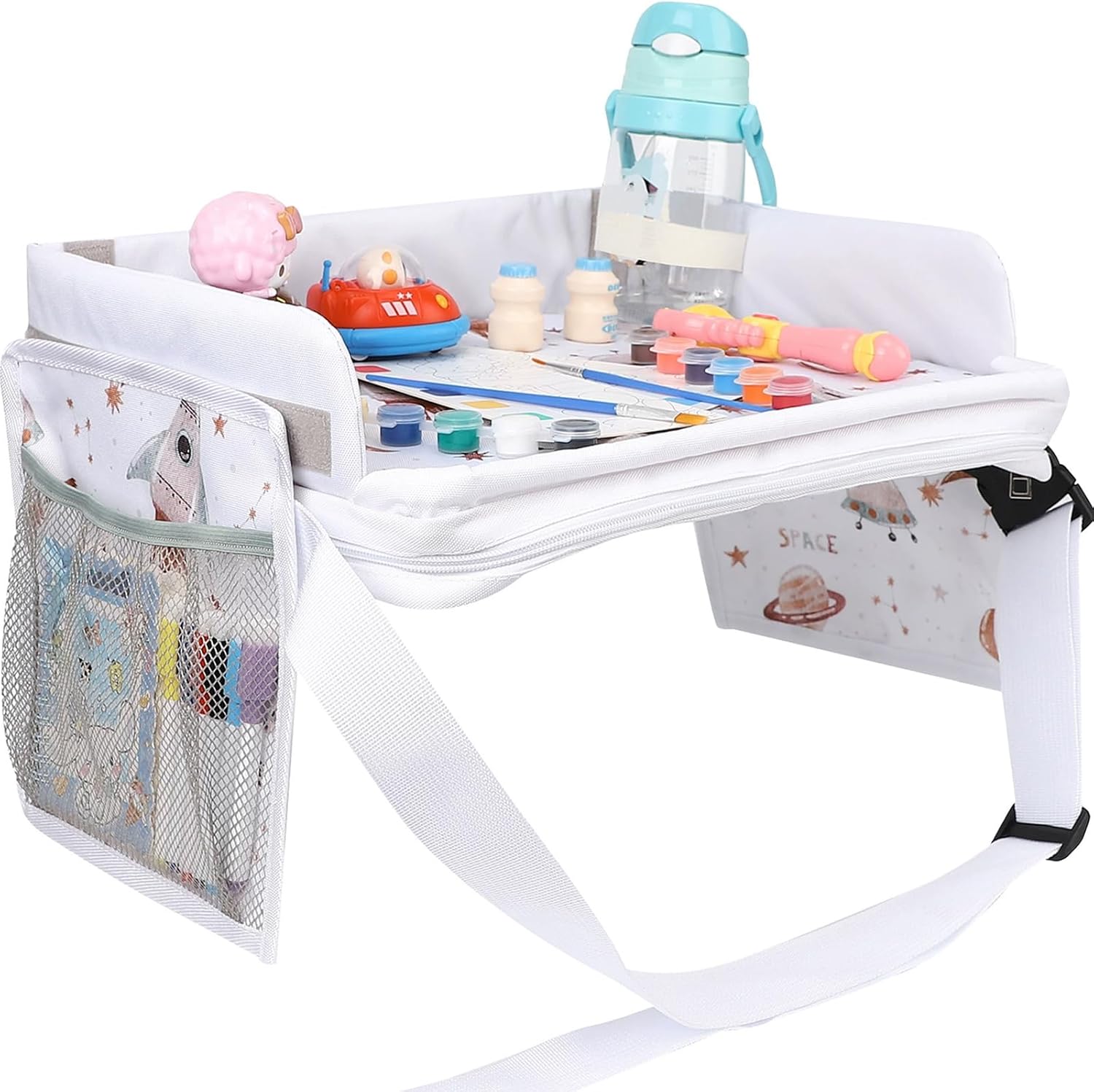 Thumbnail 1 de YZNlife Kids Travel Tray for Car Seat & Airplane – Portable toddler lap tray with strap, pockets and bottle holder