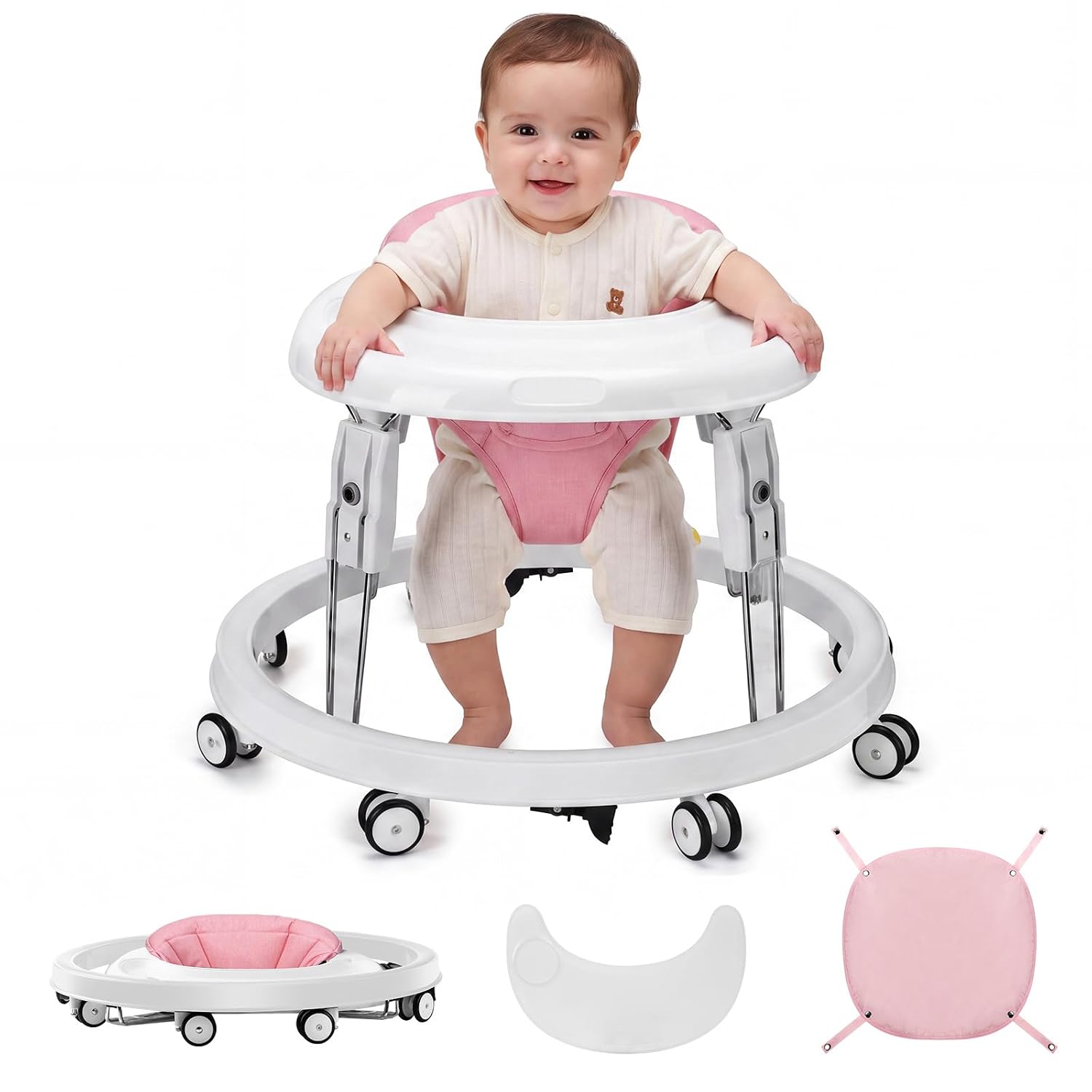 Detalle de Ansha Baby Pink Baby Walker with One-Touch Folding, Height Adjustment and Brake
