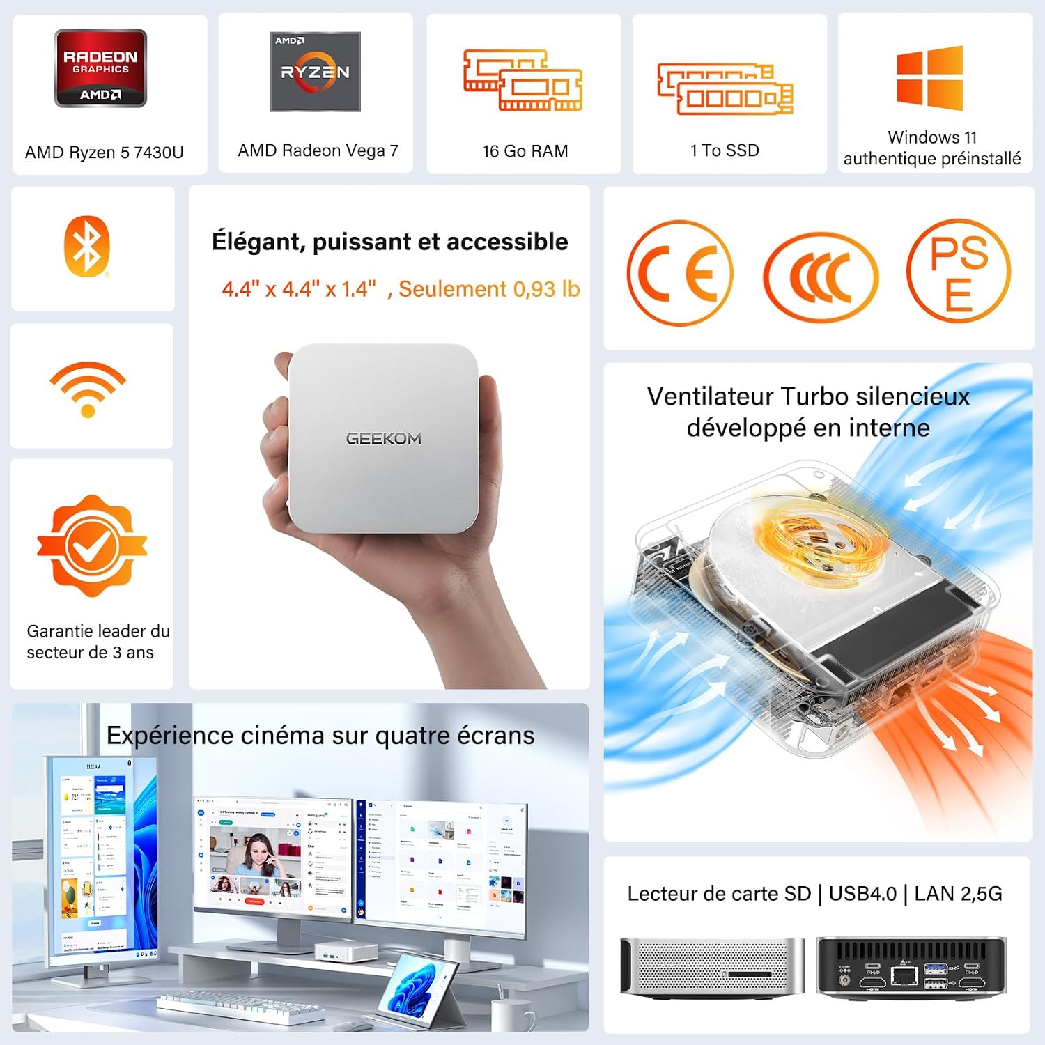 Detalle 2 de GEEKOM A5Pro Mini PC AMD Ryzen 5 7430U (16 Go RAM, Windows 11 Pro) : polyvalent et pensé pour le multi-écrans