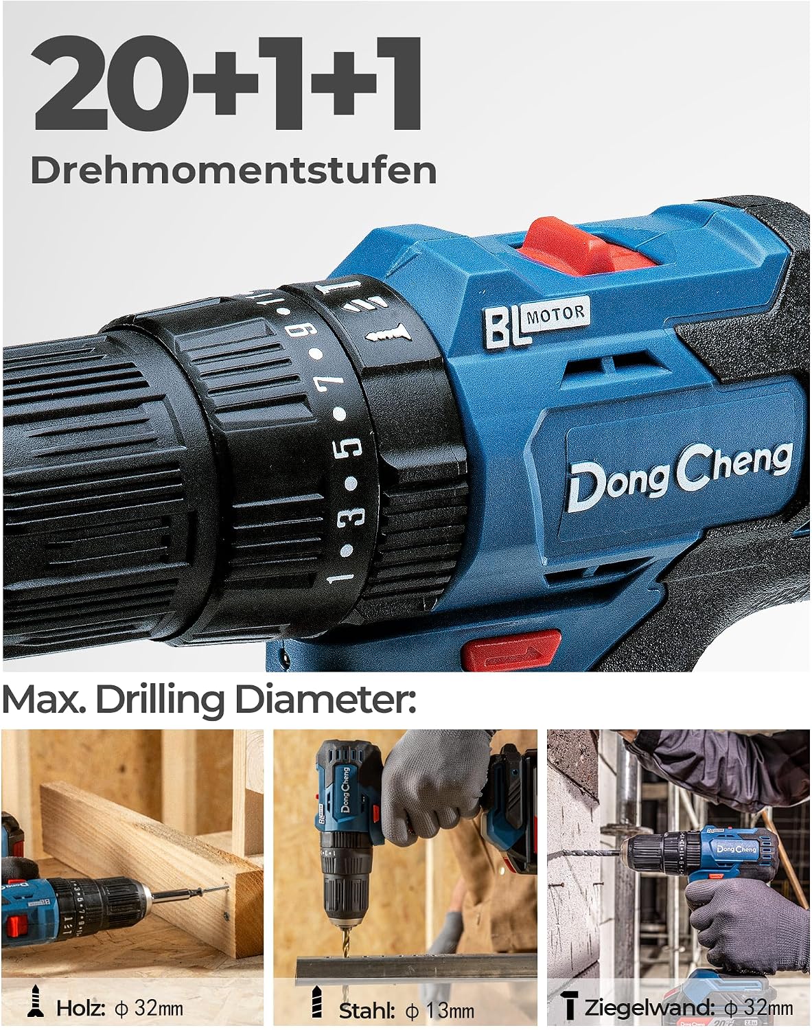 Detalle de Dong Cheng Akku-Schlagbohrschrauber-Set 18V, 50 Nm – bürstenlos mit 2 Akkus (2×2,0 Ah) und 19-teiligem Zubehör