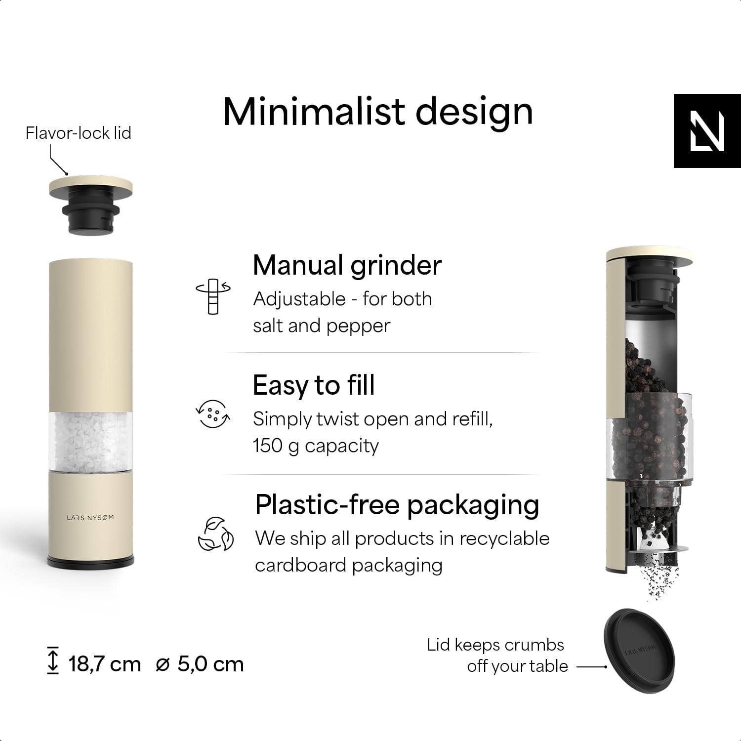 Detalle de LARS NYSØM Salt and Pepper Grinder Set – Manual, Stainless Steel, Sage Green