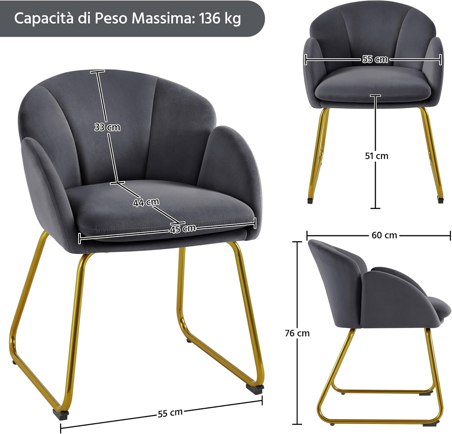 Thumbnail 2 de Yaheetech Poltroncina imbottita in velluto con schienale circolare e braccioli, grigio scuro (portata 136 kg)