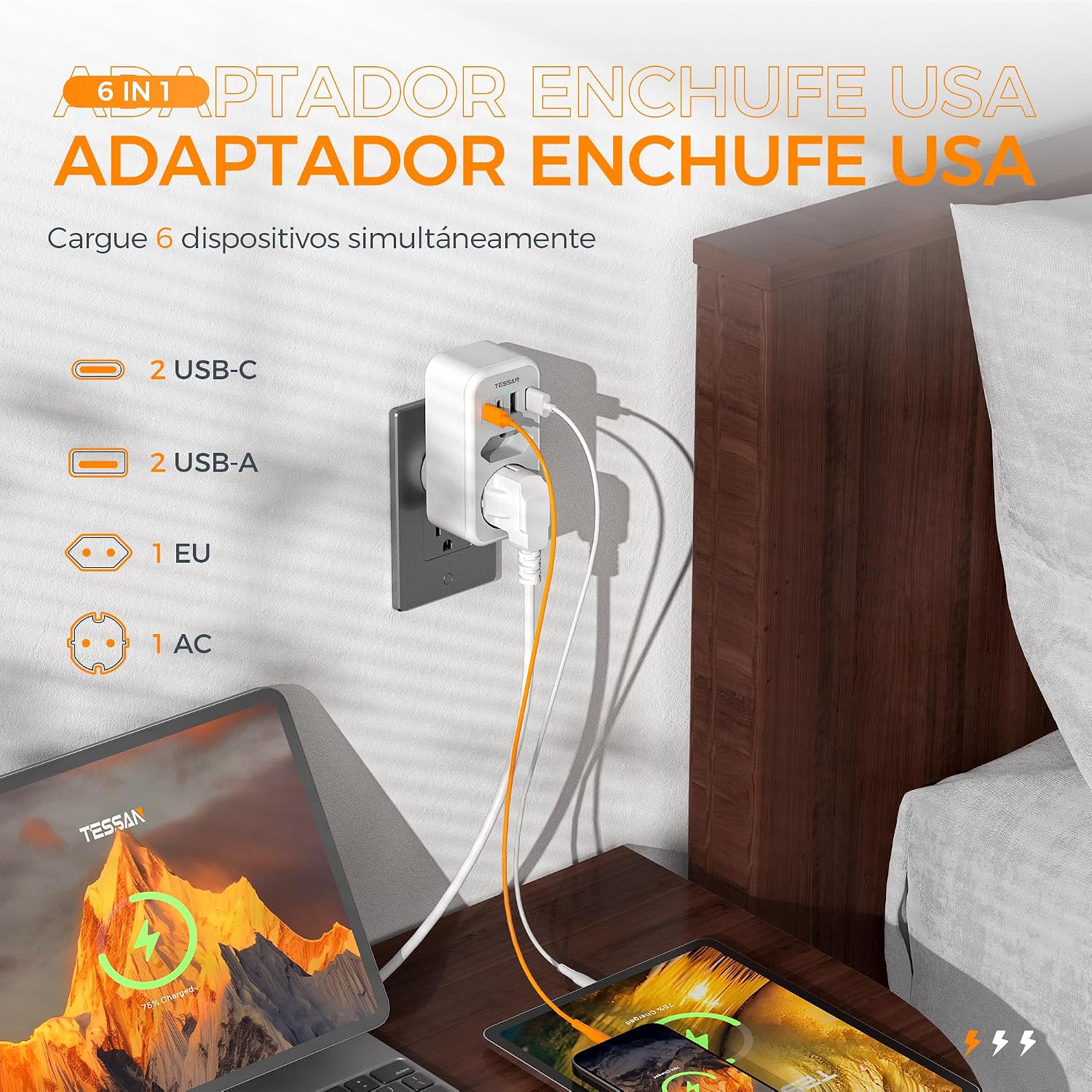 Detalle 2 de TESSAN Adaptador Enchufe Americano a Español 1875W