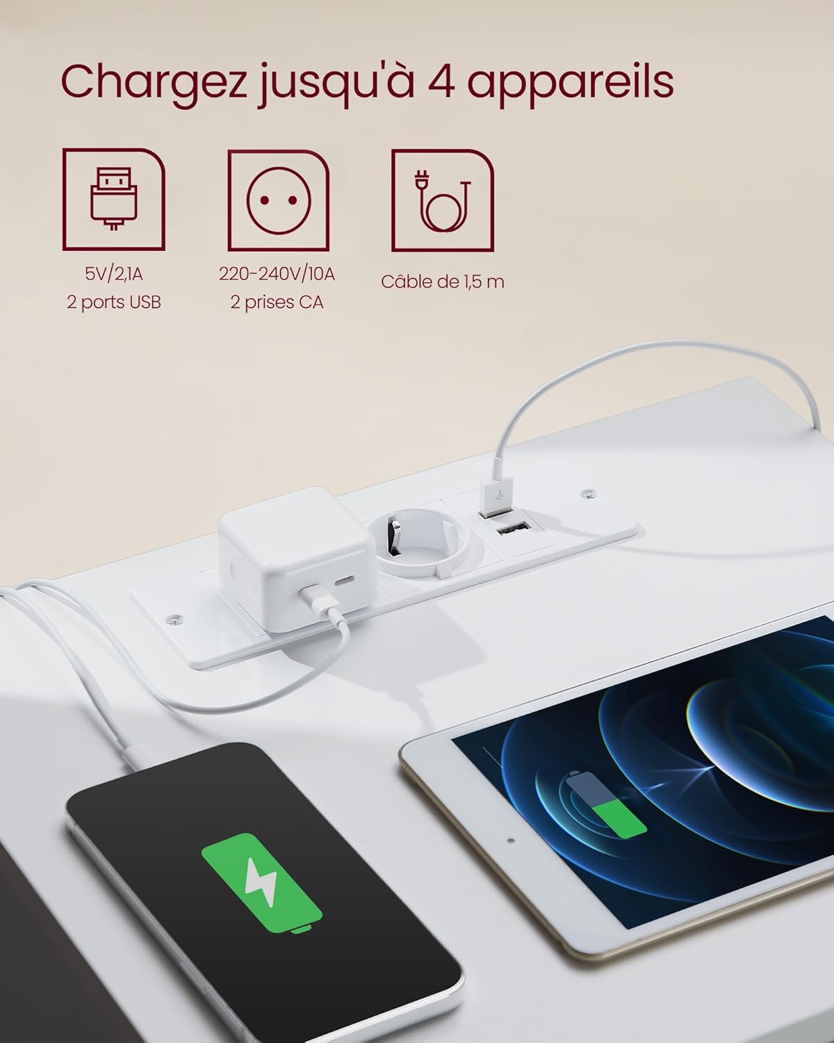 Thumbnail 2 de VASAGLE Kailyn LET831W14 – Lot de 2 tables de chevet avec 3 tiroirs et multiprise (2 prises CA + 2 USB)