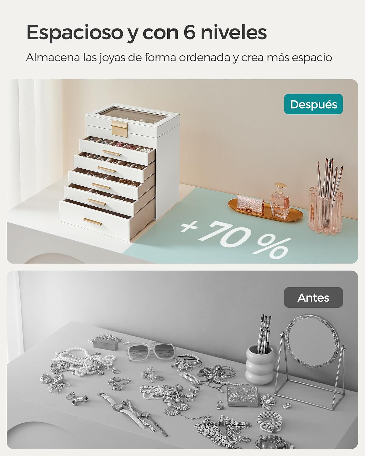 Detalle 2 de SONGMICS Colección GISELLA JBC171W01: caja joyero de 6 niveles con 5 cajones y gran capacidad